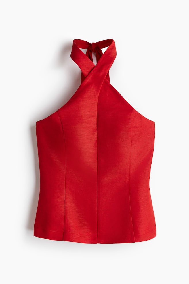 Linen-blend halterneck top - Red - 1