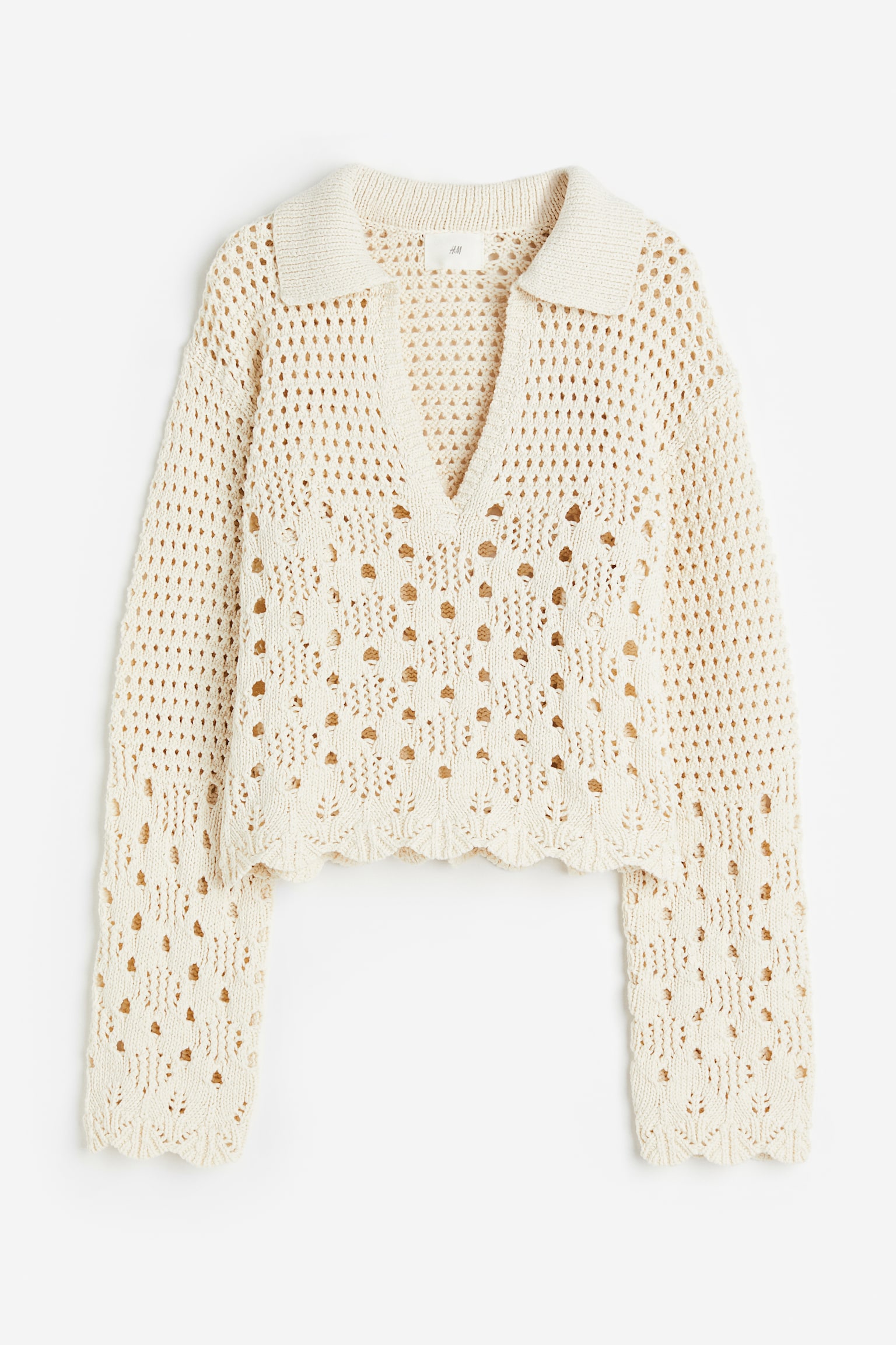 Pointelle Knit Cotton Sweater - Cream - 1