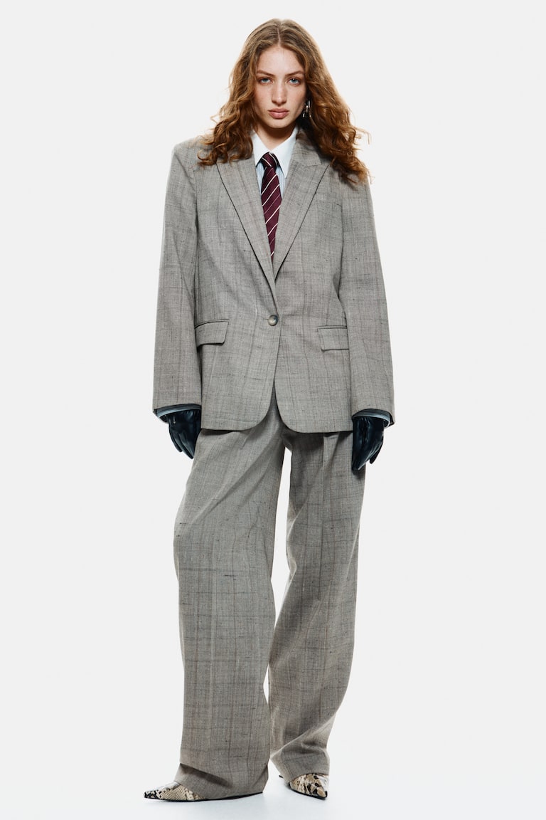 Wool-blend blazer Light grey/Checked Ladies H&M