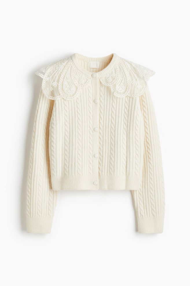 Cardigan cu guler din dantelă - Crem - 1