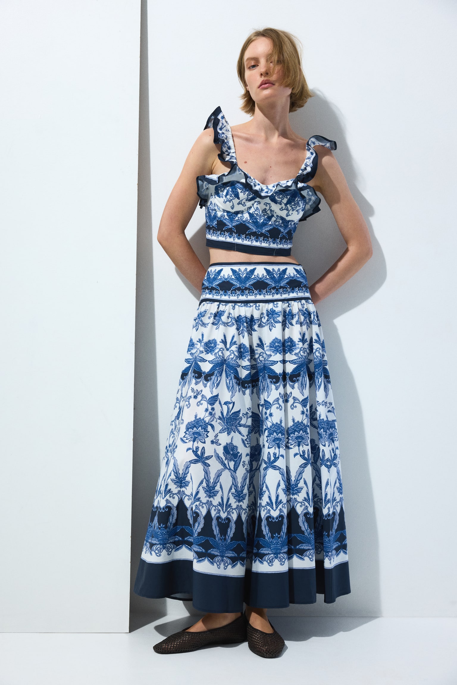 Flared cotton poplin skirt - Dark blue/Patterned - 1