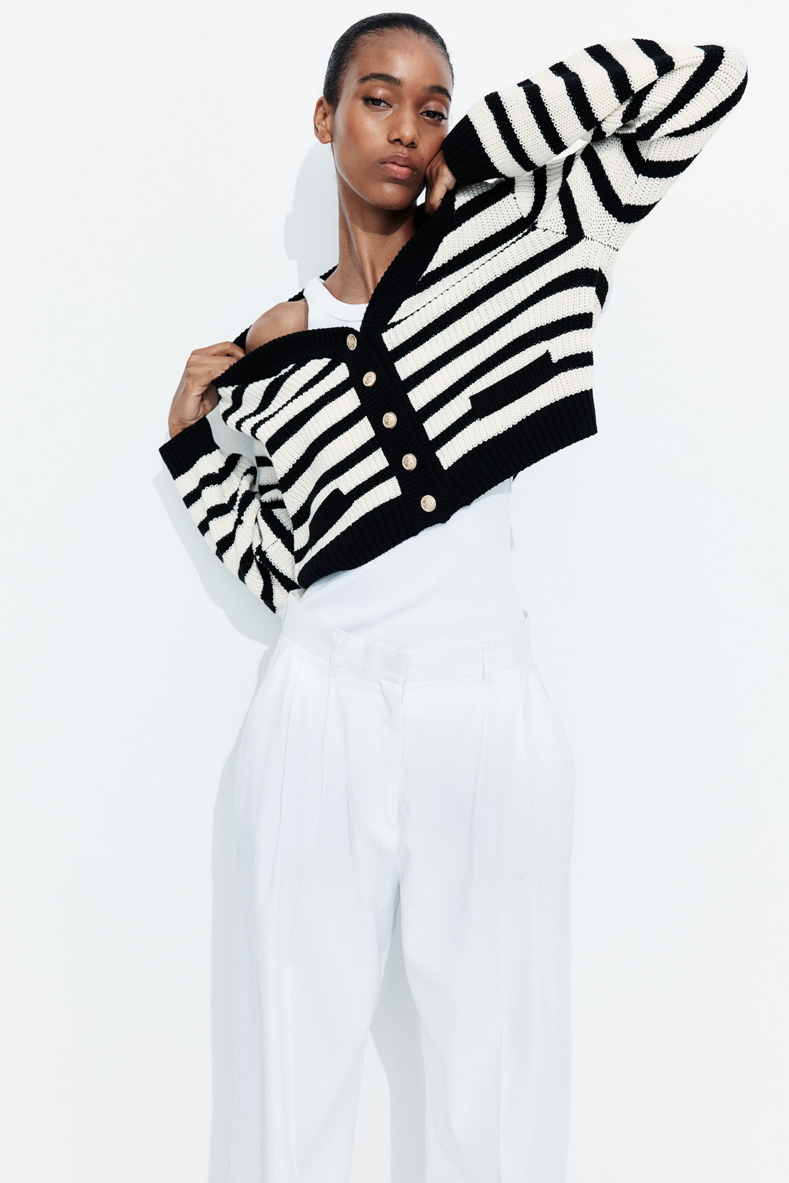 Rib-knit cardigan - White/Black striped - 3