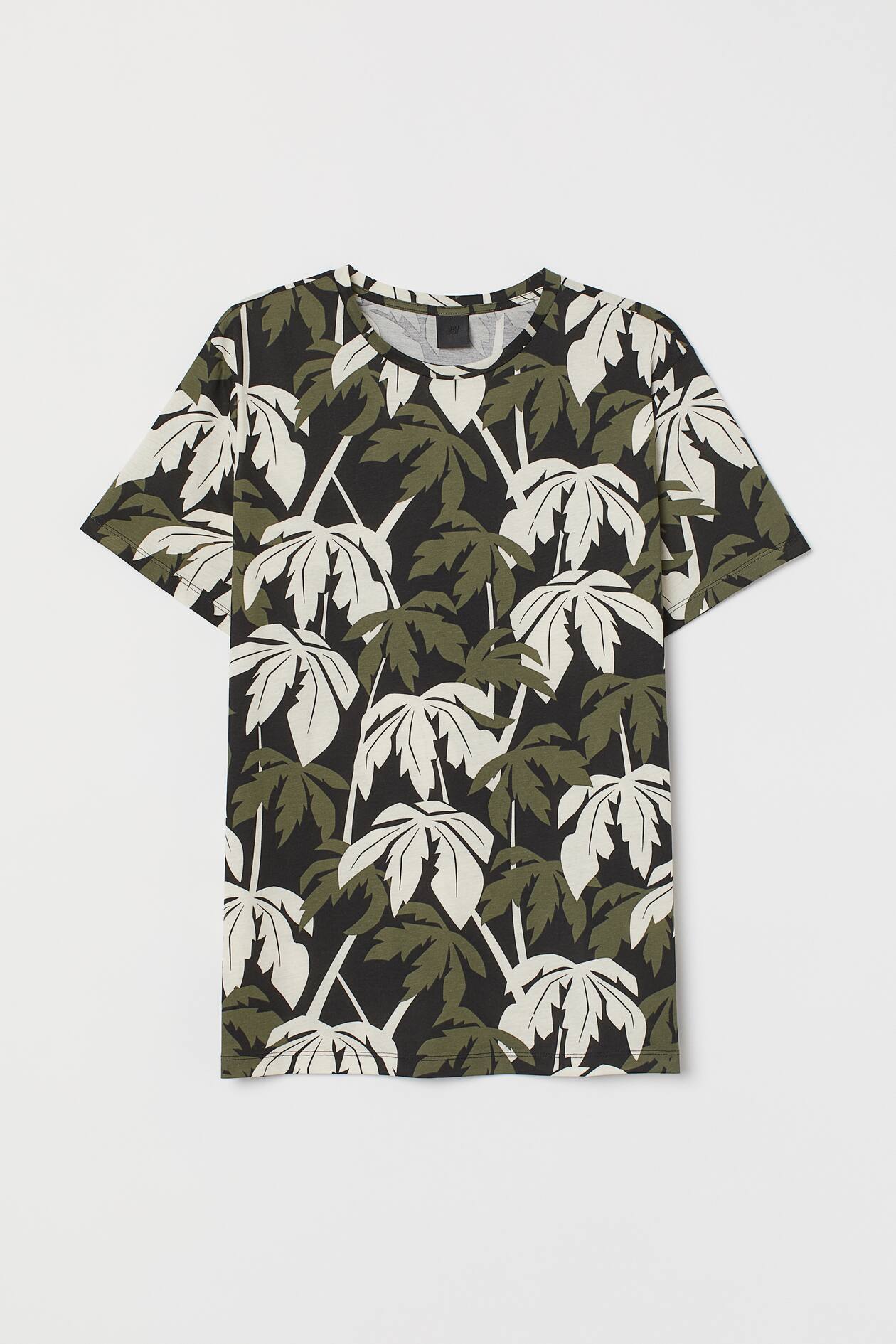 Cotton T-shirt - Round Neck - Short sleeve - Black/leaf print - Men | H ...