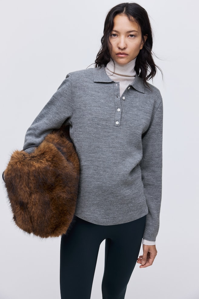 Shoulder-Pad Polo Sweater - Gray melange - 2