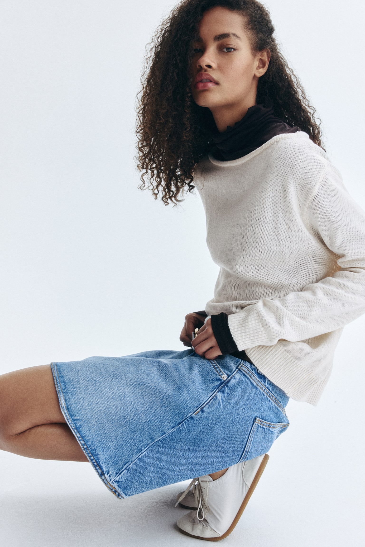 Omuzları Açık Kazak - Açık bej/Lacivert/Koyu toprak rengi - 3