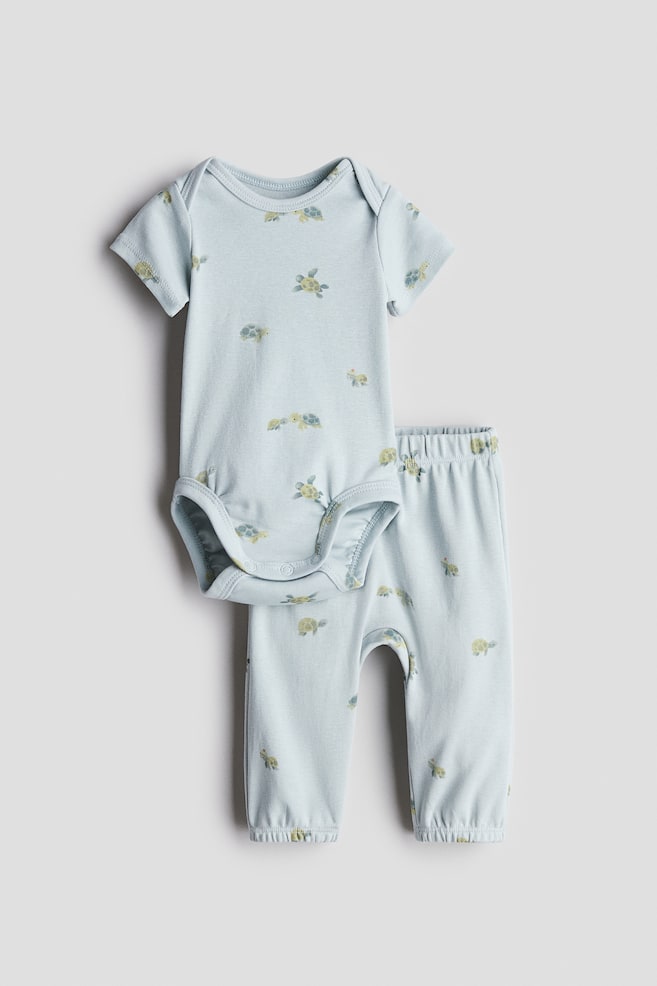 2-piece Cotton Jersey Set - Light turquoise/turtles/White/light green striped - 1