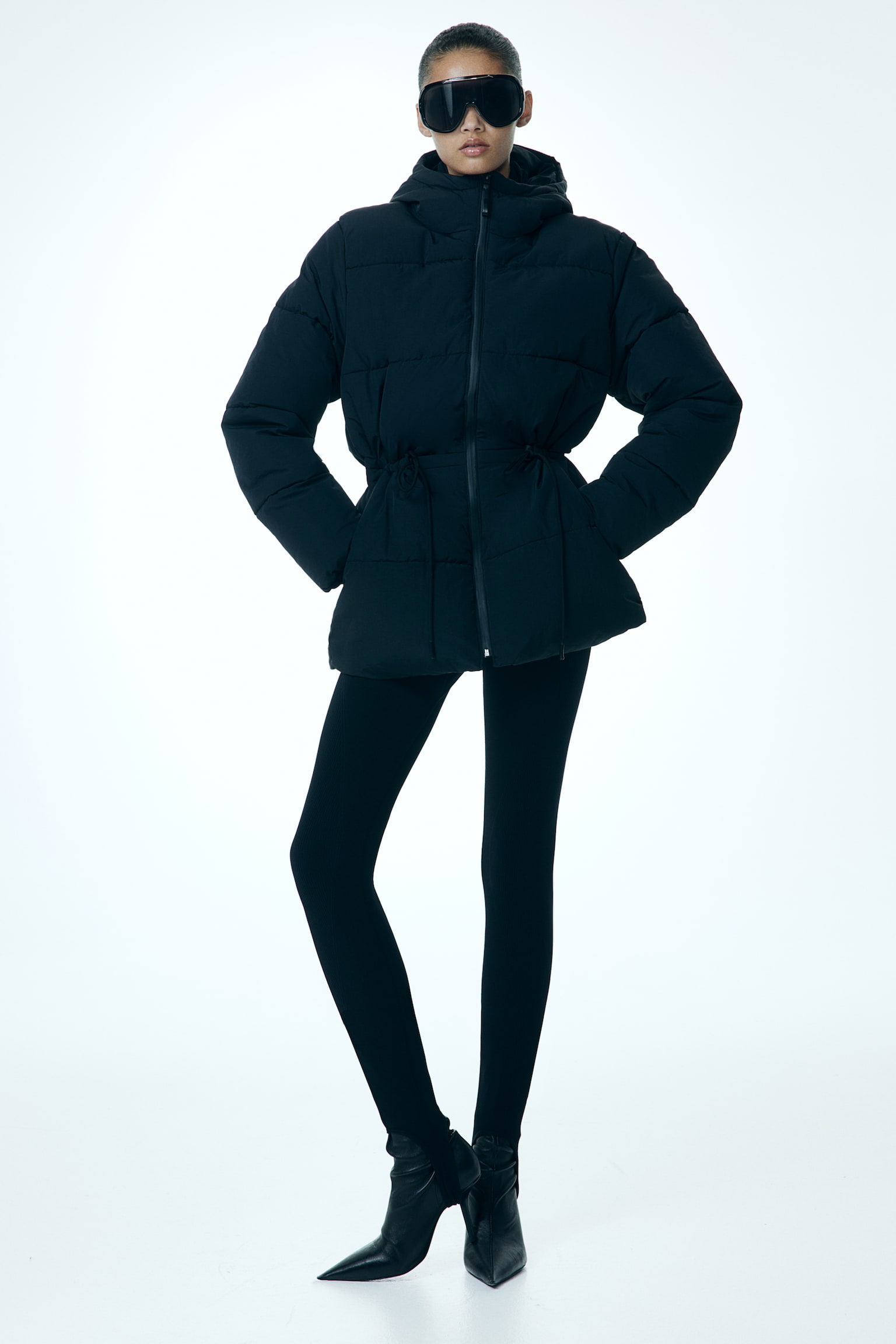 Oversized drawstring-waist puffer jacket - ブラック/ダークブラウン - 7