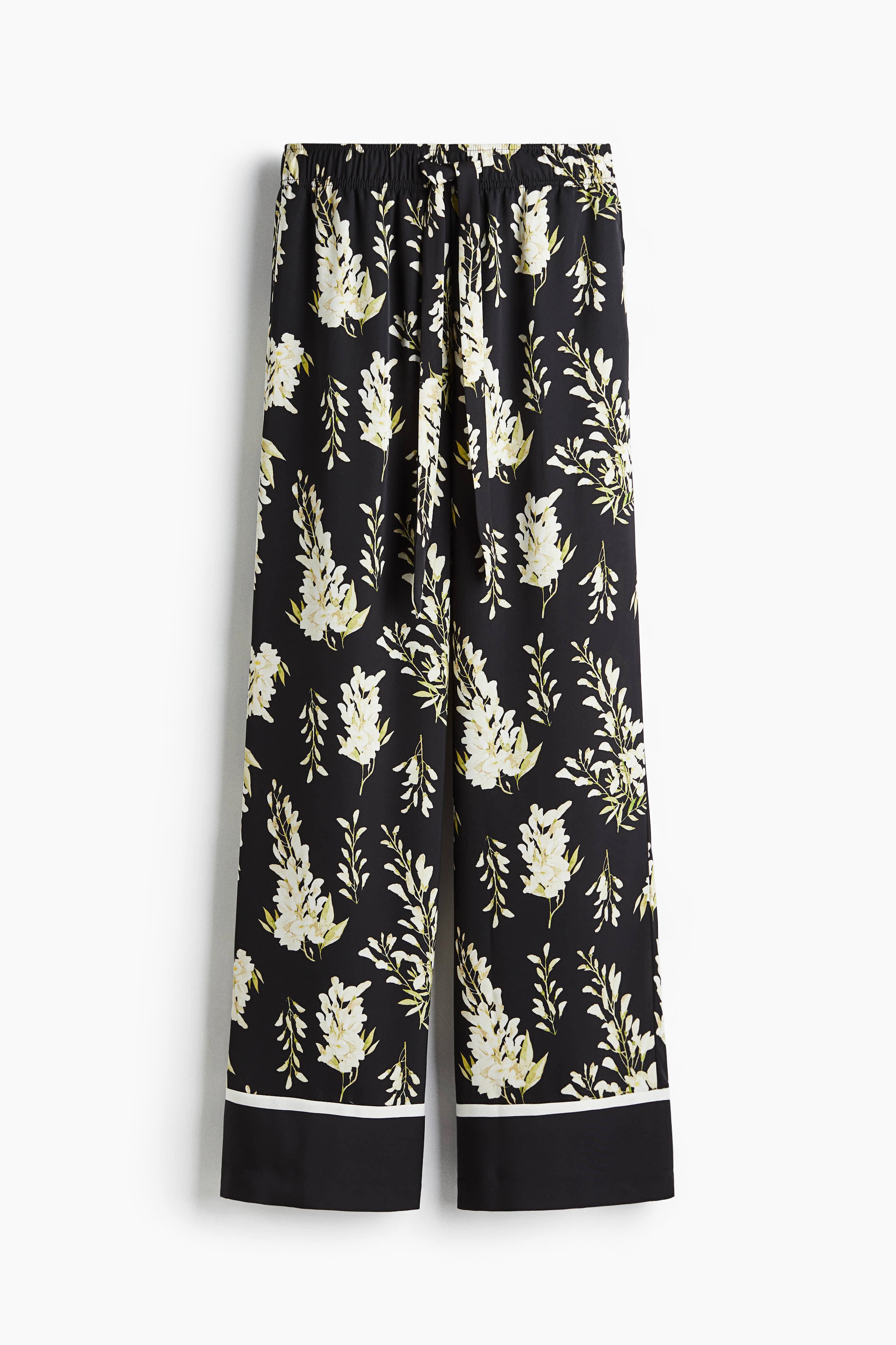 Drawstring Twill Pants - Black/floral/Light beige/brown striped/Black/striped