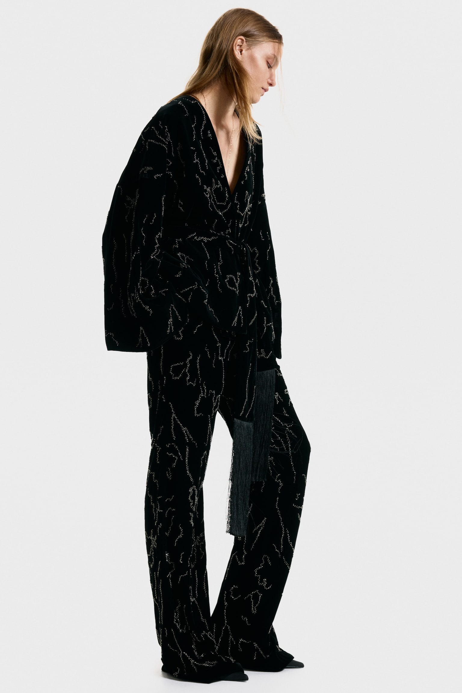 Volné sako s páskem - Černá - 7