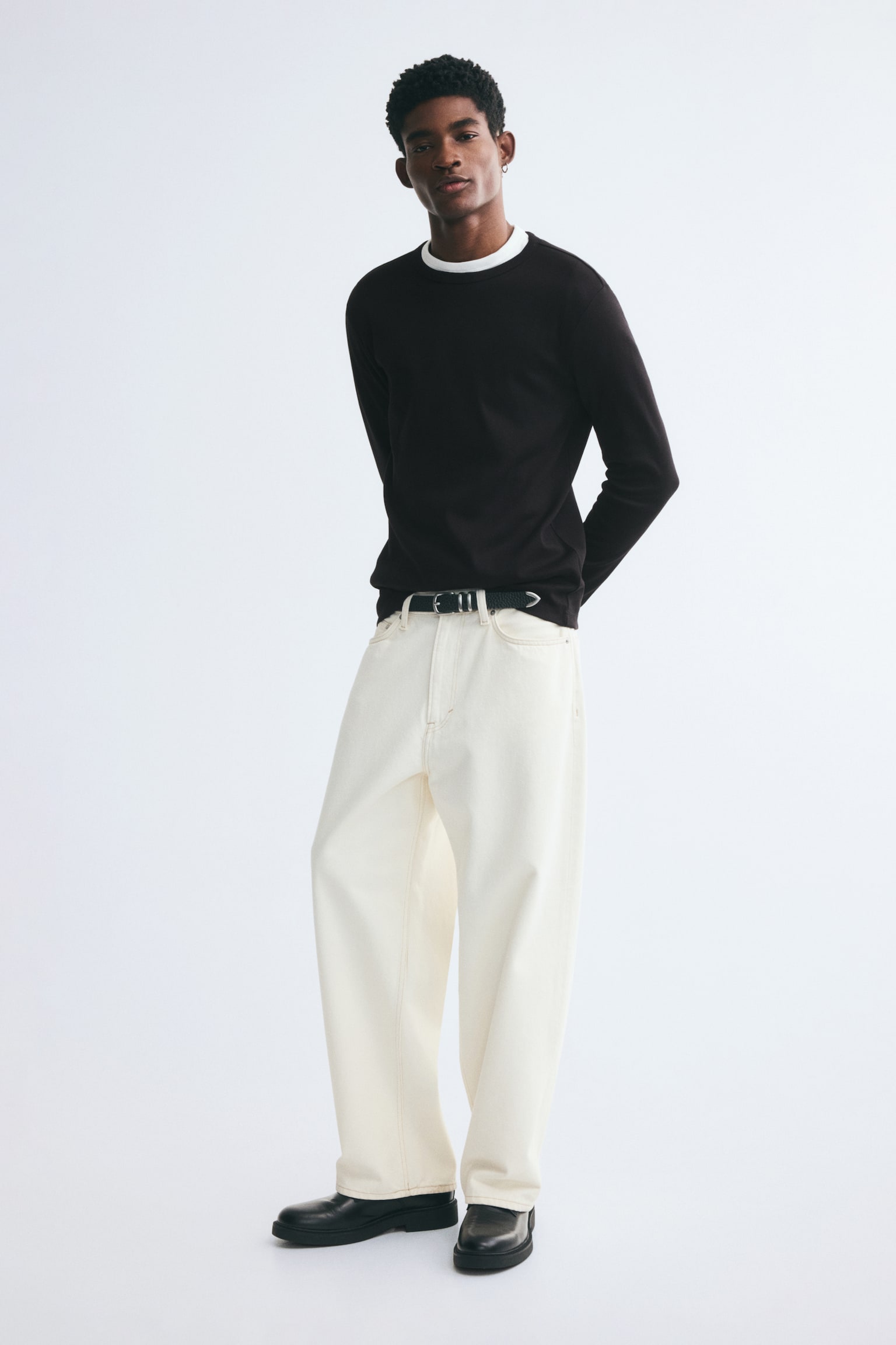Мужская футболка H&M Slim-Fit Long-Sleeved Cotton, цвет: Чёрный — фото 3