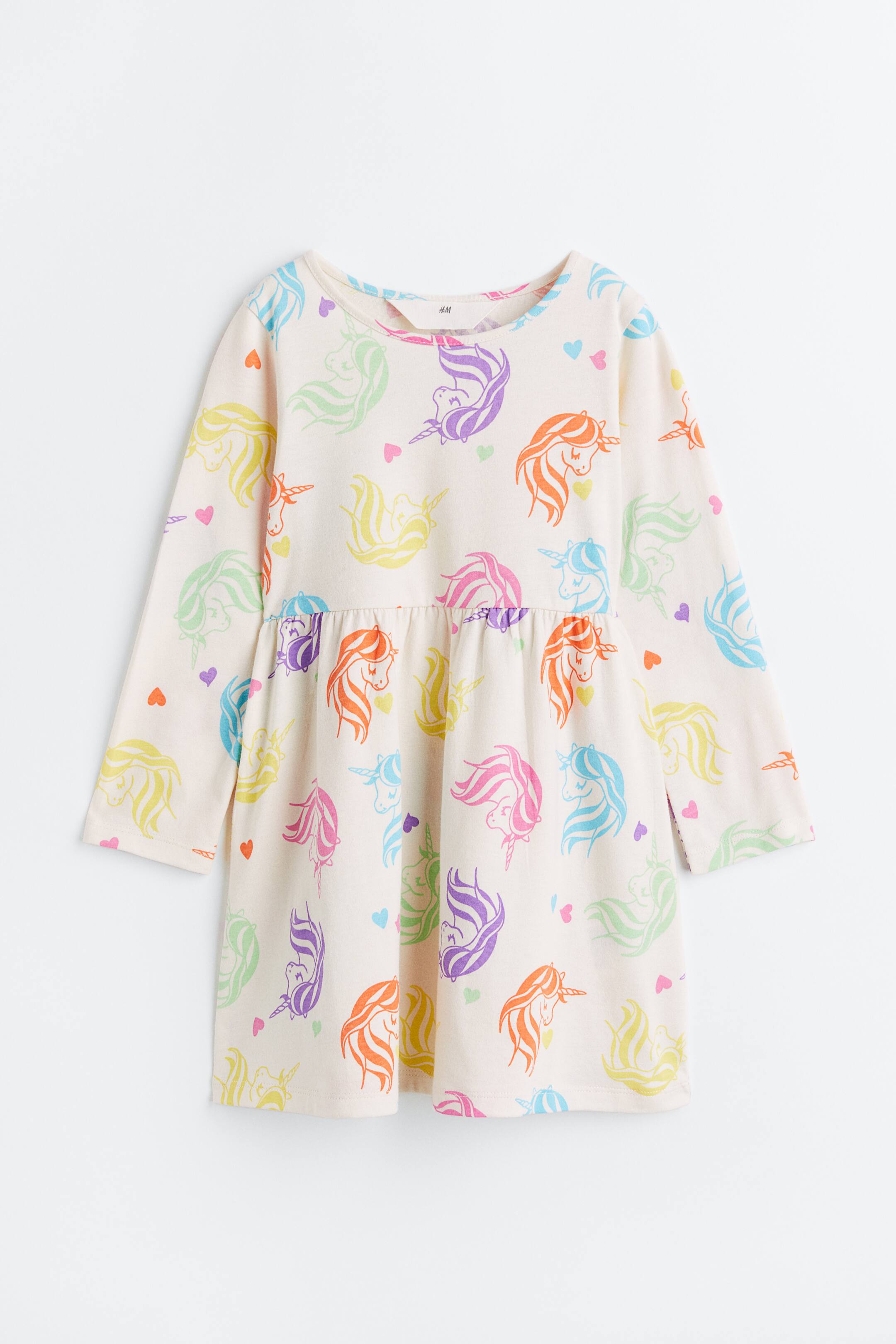 Cotton Jersey Dress Round Neck Long sleeve Natural white/unicorns Kids H&M US