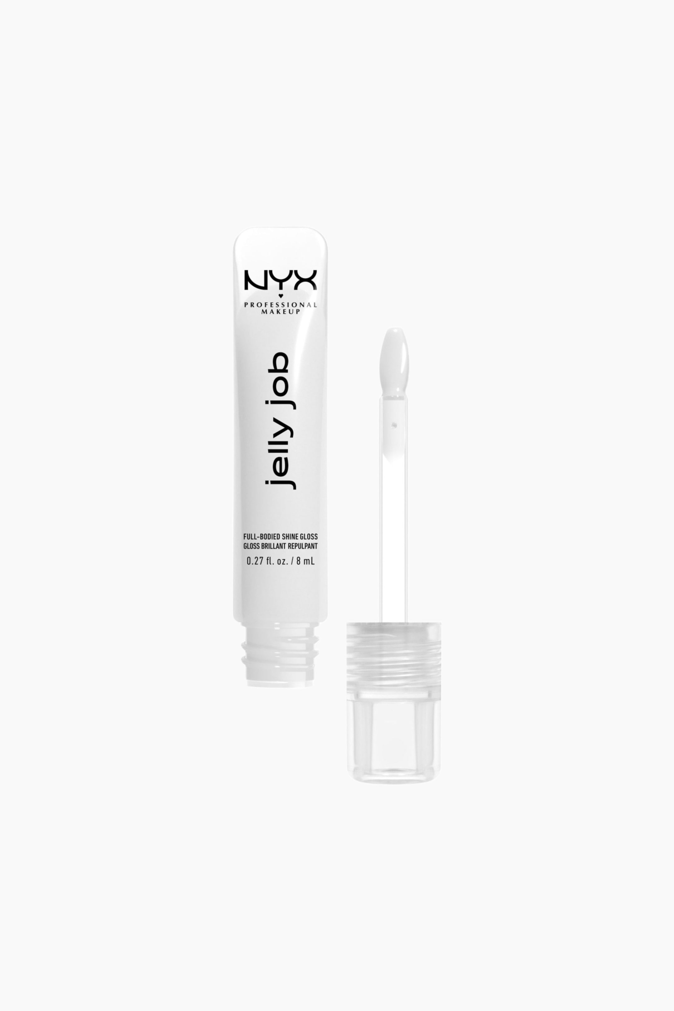 Se større billede: En hvid NYX "jelly job" lipgloss vises med sin tube stående oprejst, let vinklet mod venstre, med sort tekst, herunder produktnavn og detaljer. Dens klare skruehætte er fjernet og placeret nedenfor, mens applikatoren, med en klar stav og en hvid padleformet spids, står oprejst, let vinklet mod højre ved siden af tuben.