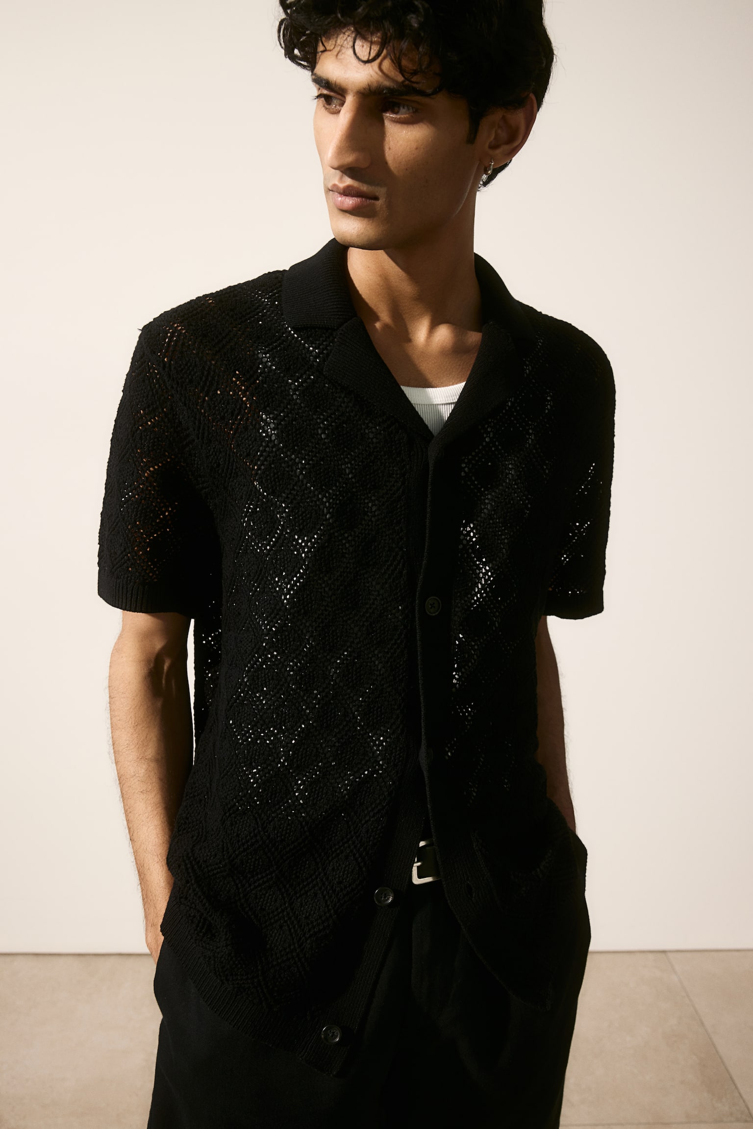 Regular Fit Crochet Look Resort Shirt - Black/White - 1