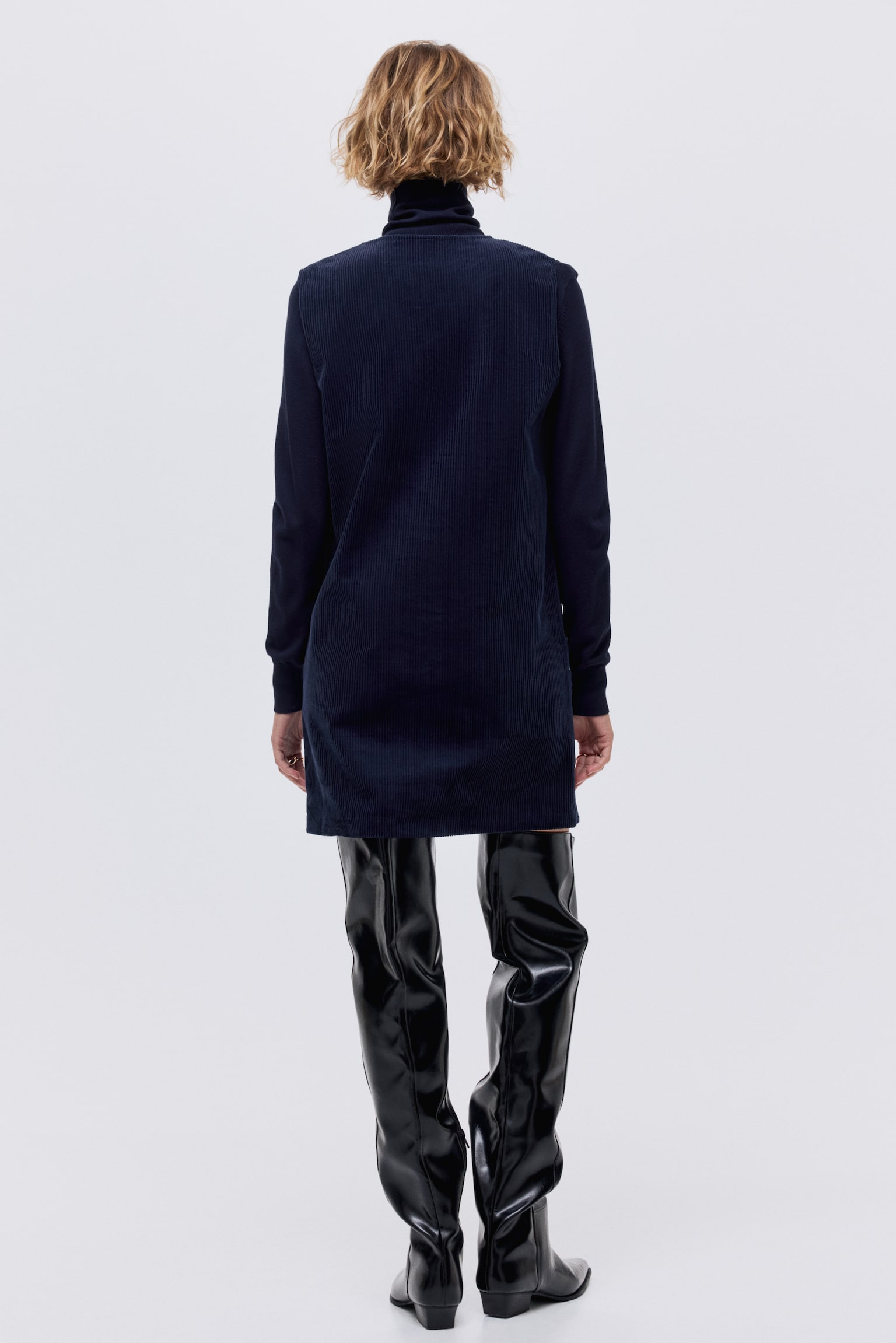 Rochie minimalistă din catifea reiată - Bleumarin - 4