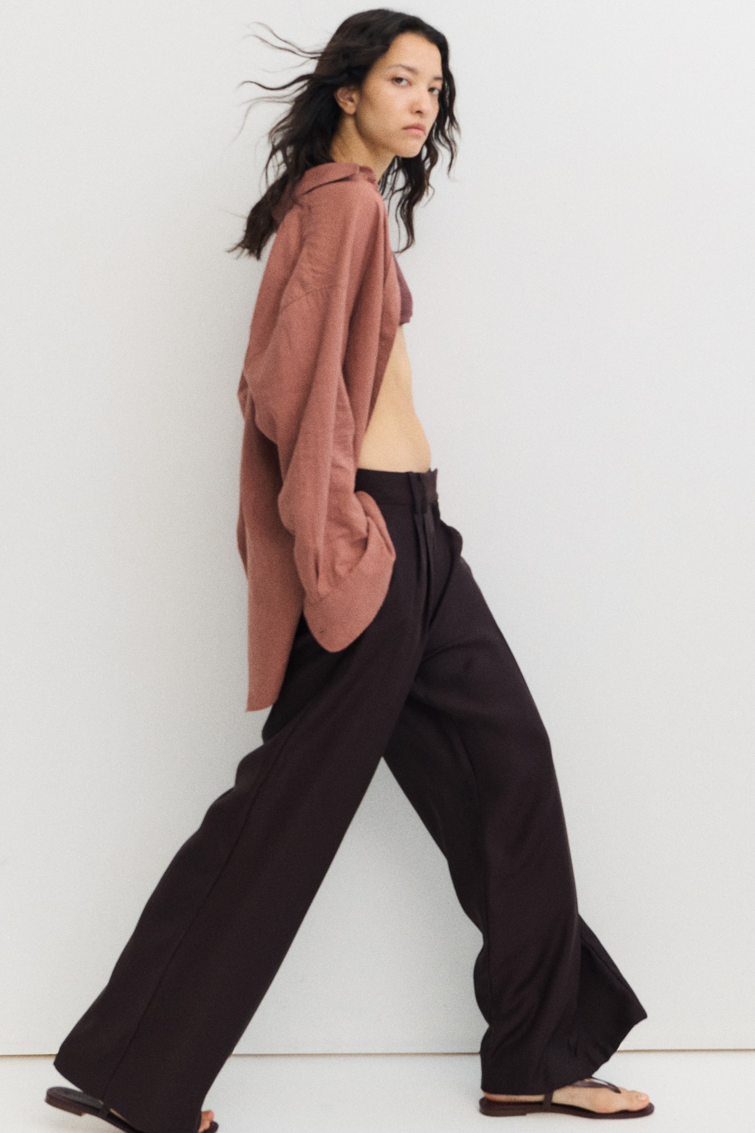 Wide tailored trousers - Dark brown/Cream - 1