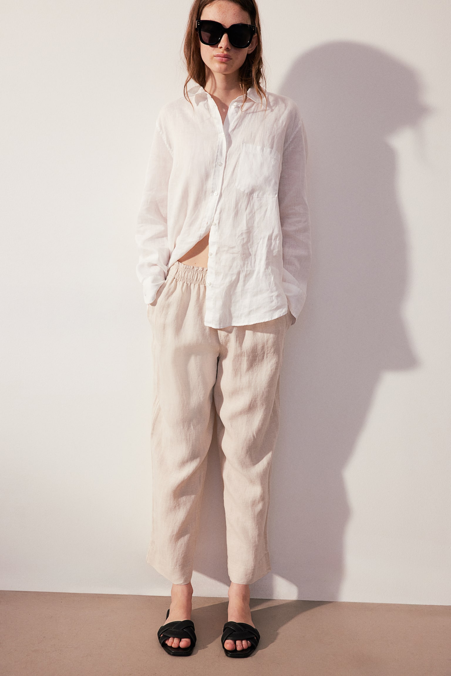 Ankle Length Linen Pants - Light beige/Khaki green/Black/Red - 1