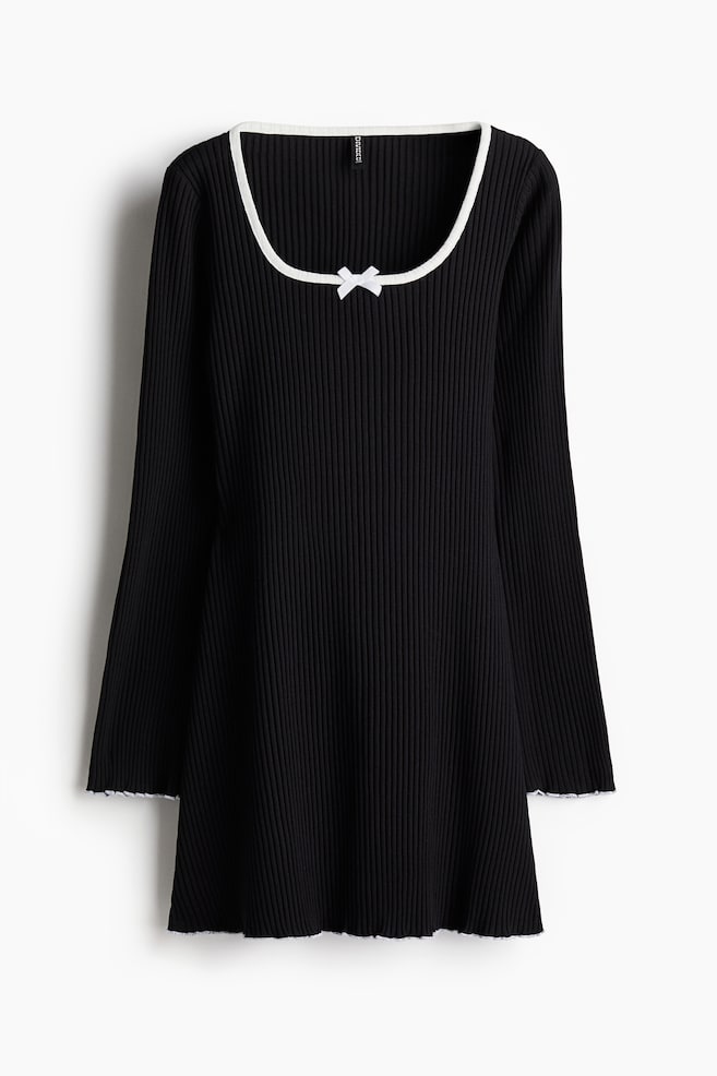 Ribbed flared-skirt dress - Black/Light dusty pink - 1