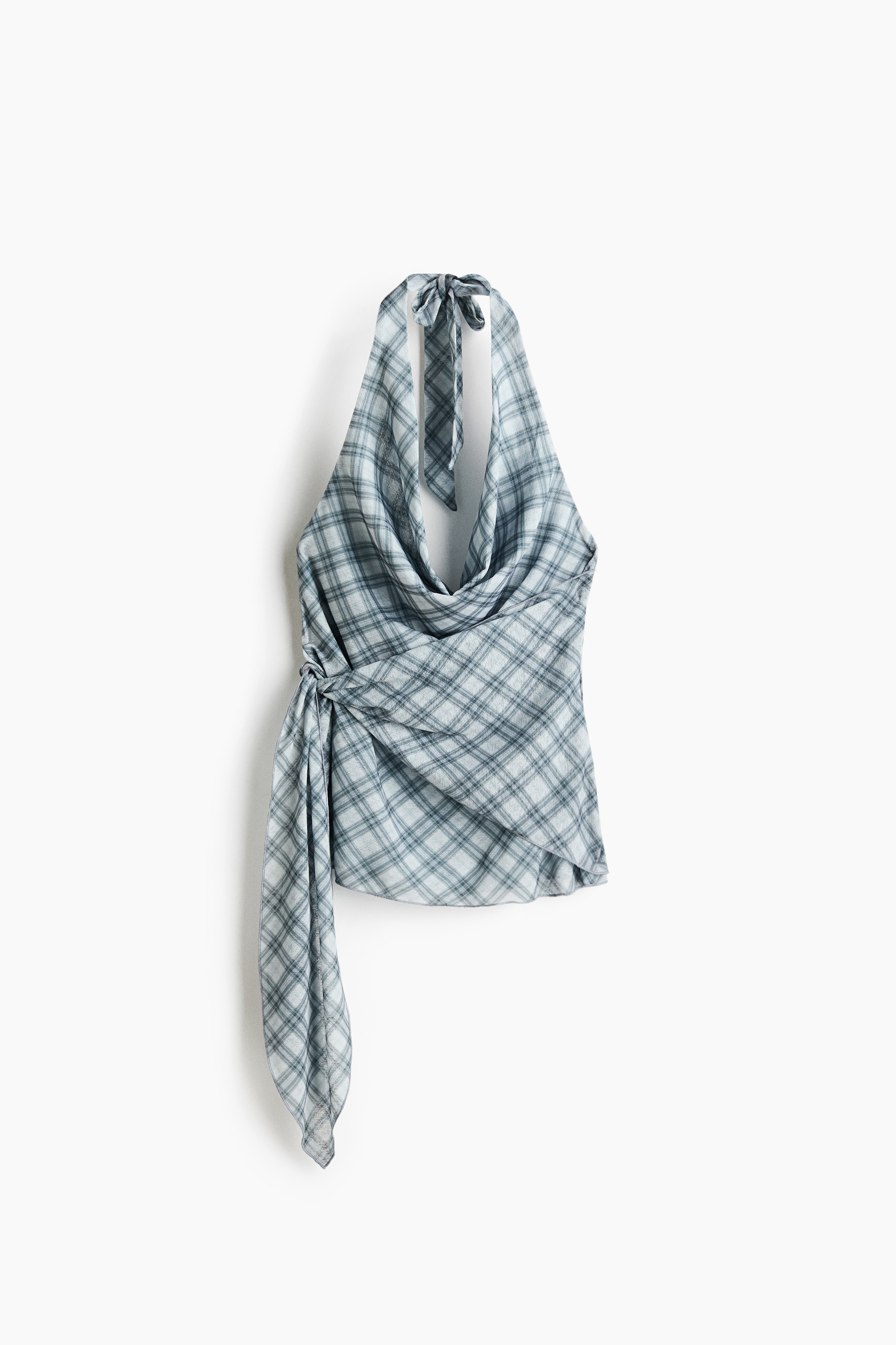 Tie-Detail Halterneck Top - Gray/plaid
