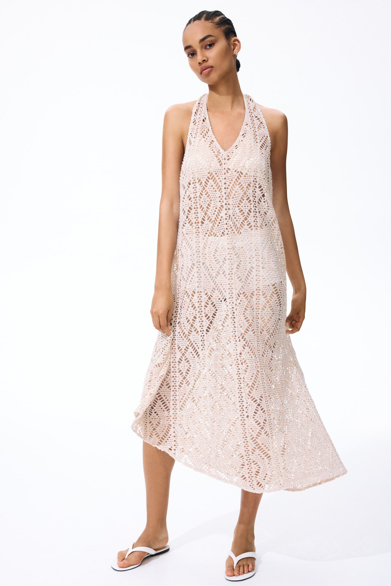 Crochet-look halterneck dress - Light beige marl - 1