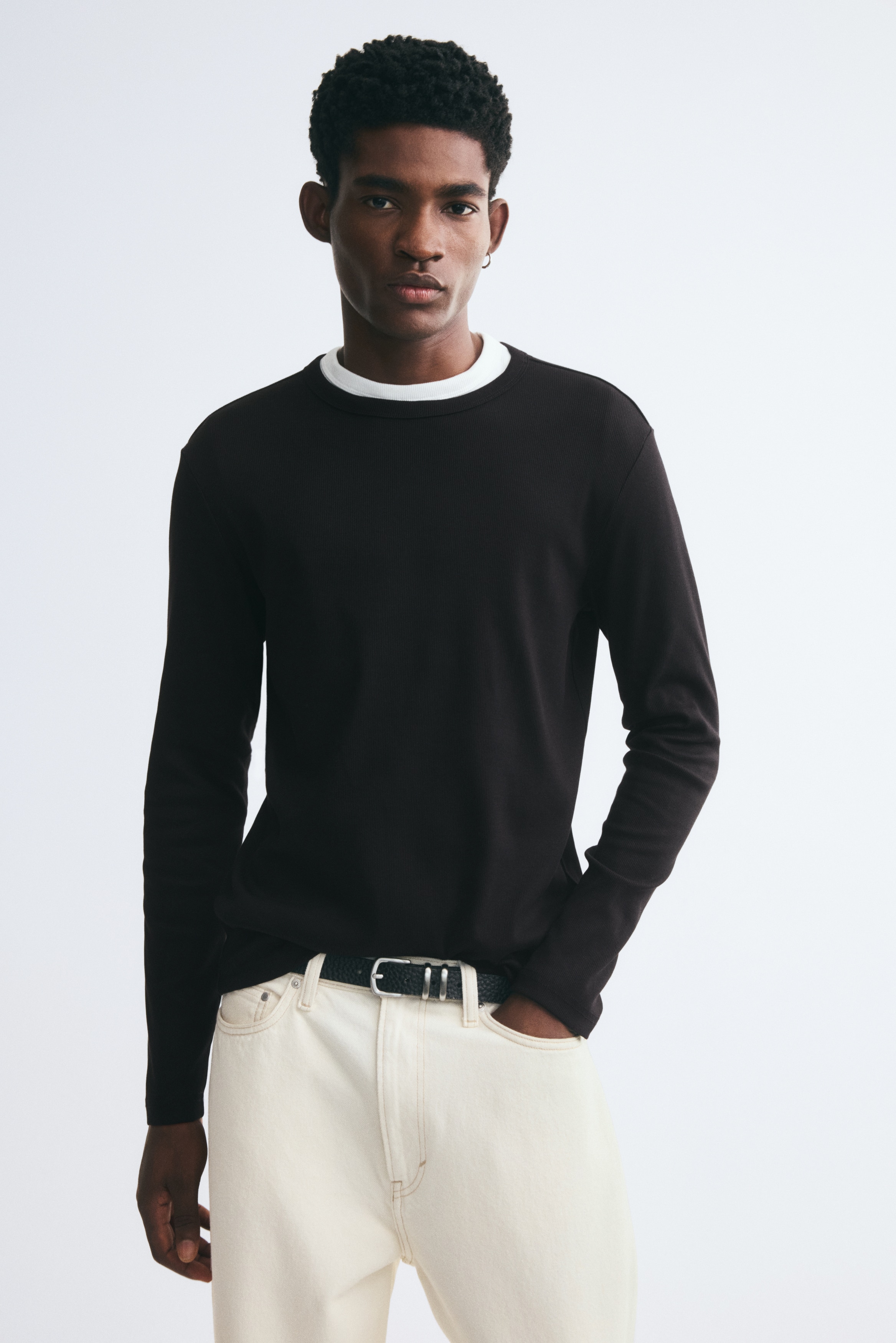 T-shirt in cotone a maniche lunghe Slim Fit - Nero/Bianco/Grigio scuro/Talpa scuro