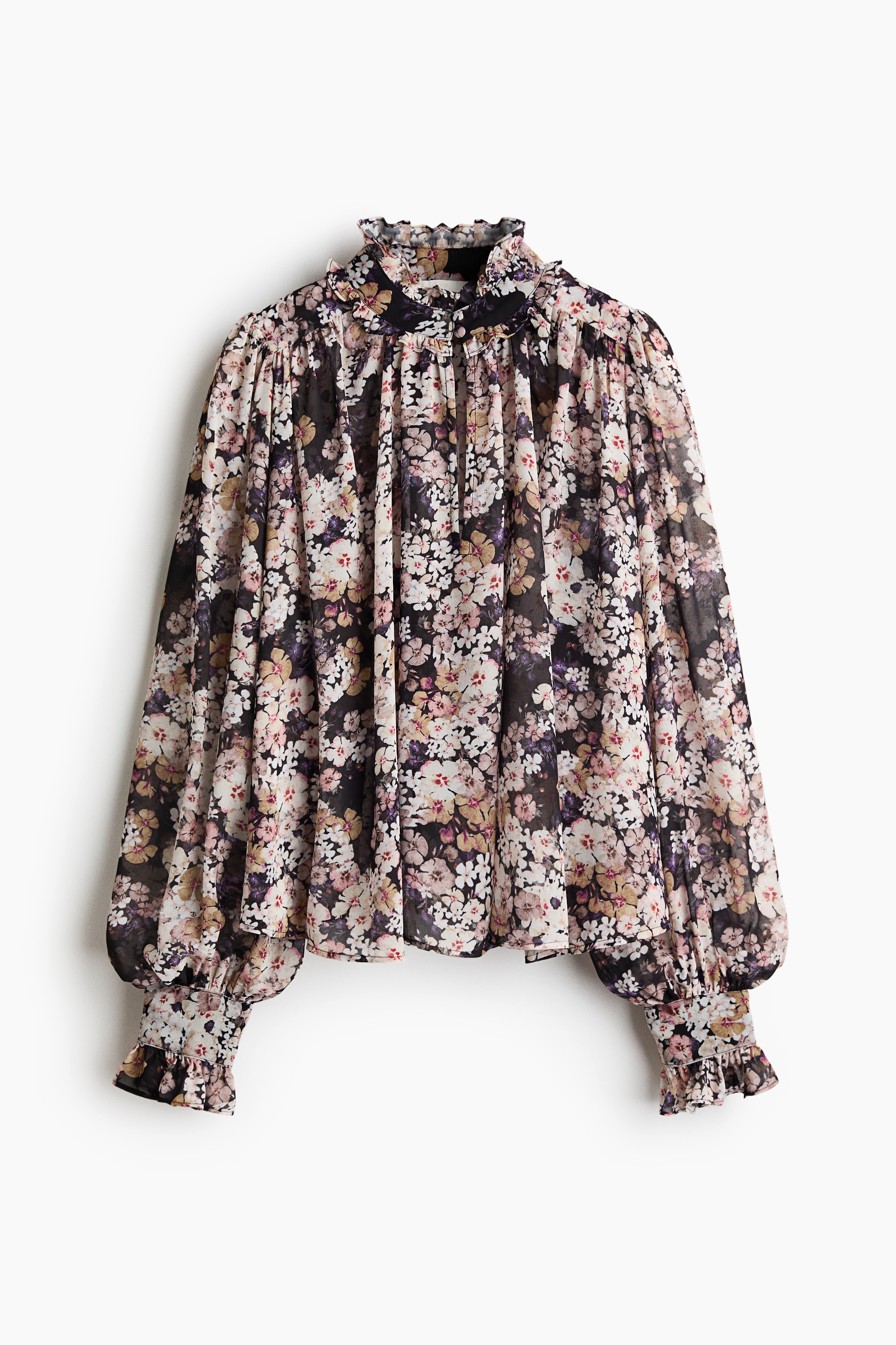 Chiffonbluse mit Puffärmeln - Schwarz/Geblümt