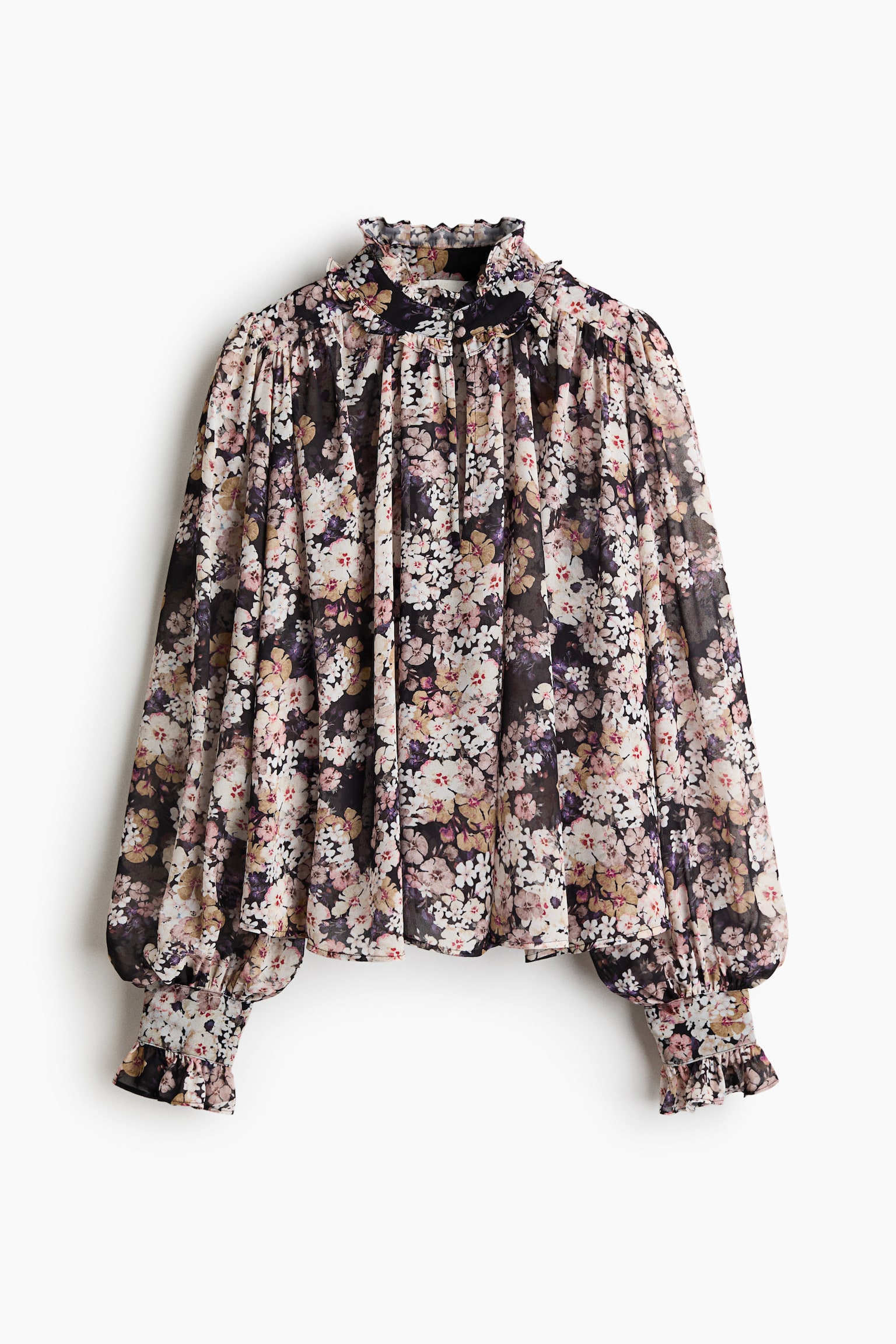 Женская блузка H&M Puff-Sleeved Chiffon Blouse, цвет: Чёрный / С принтом — фото 1