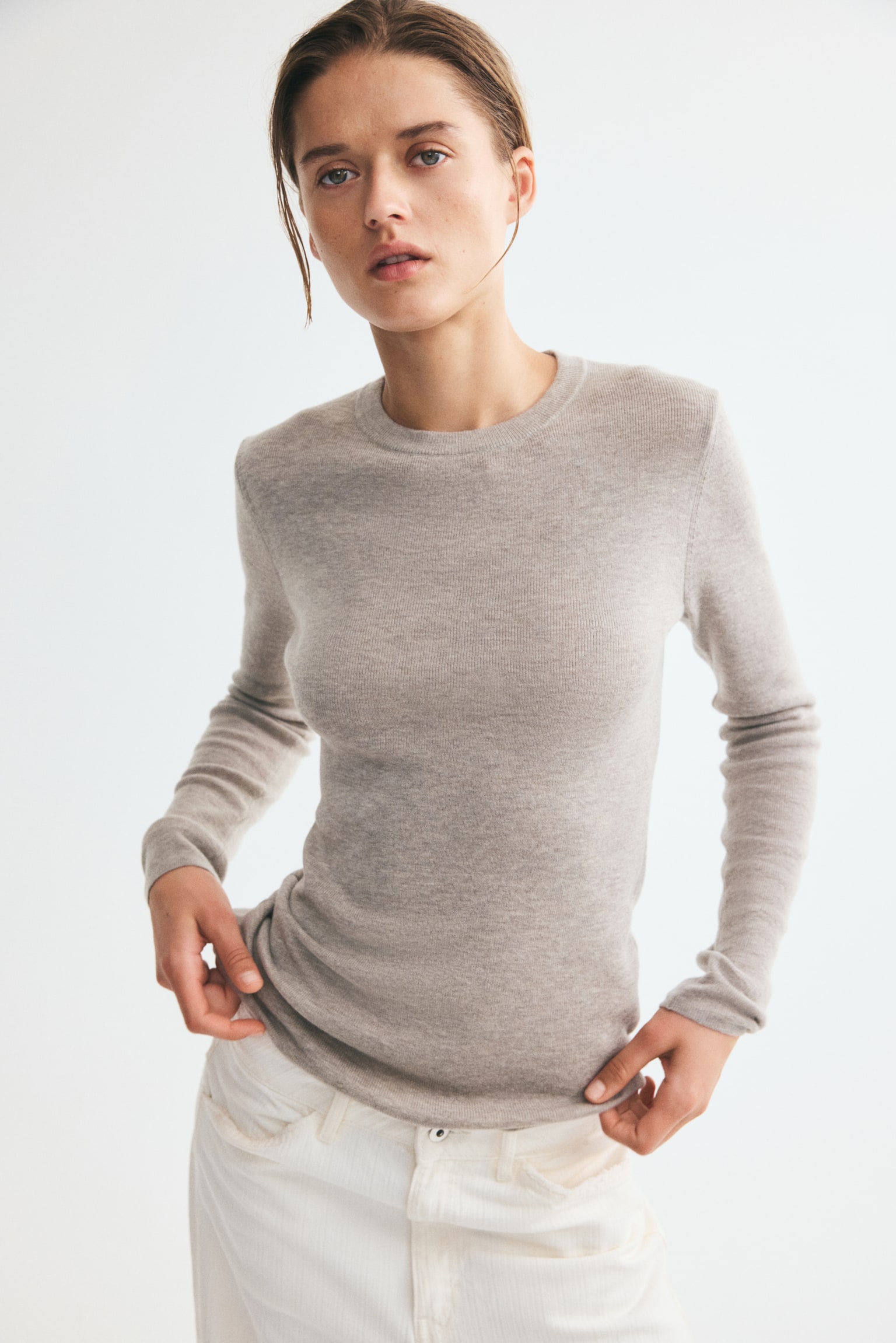 Fine-knit cashmere-blend top - Light mole/Cream/Black - 1