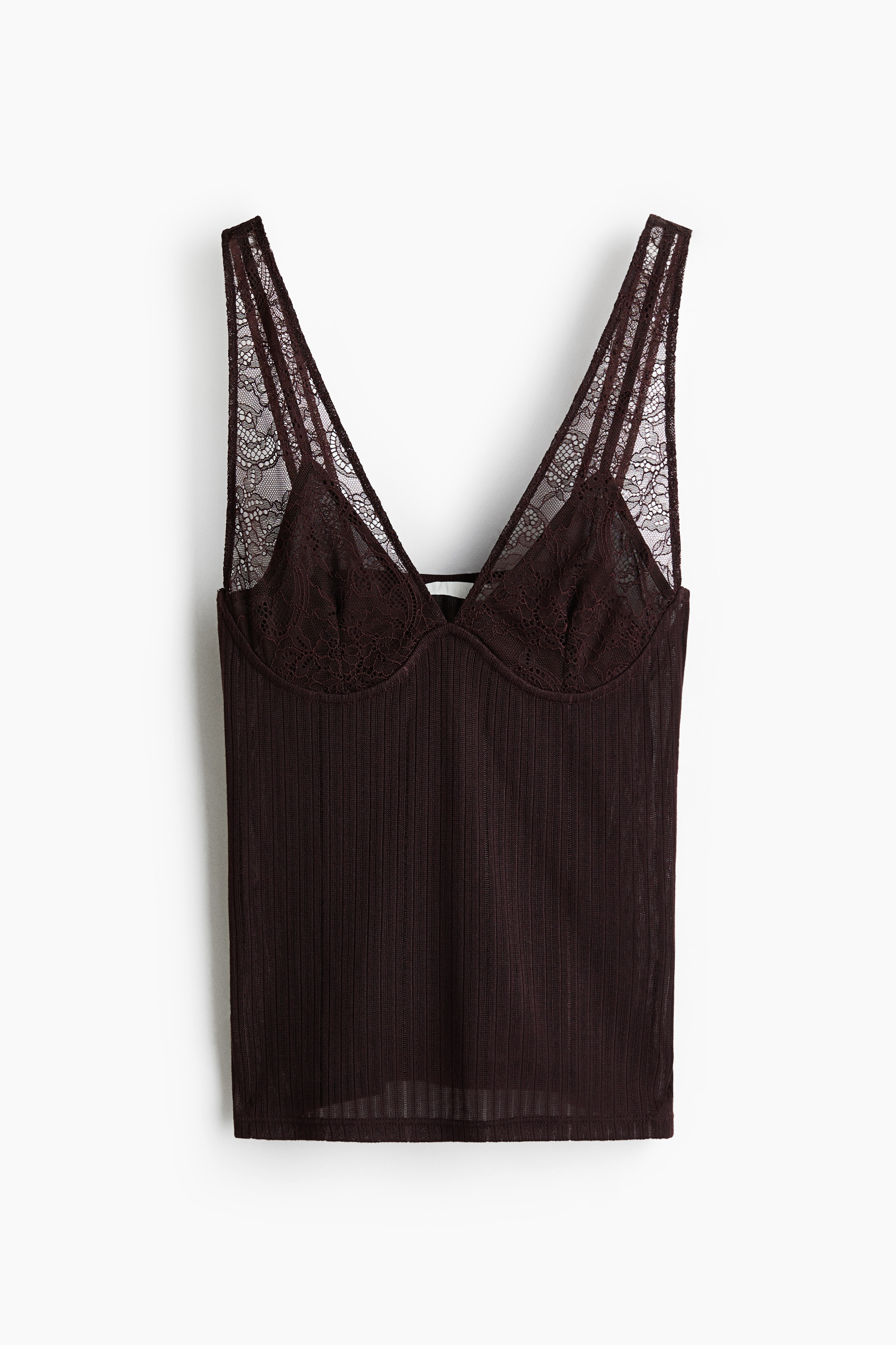 Lace-Detail Rib-Knit Top - Dark brown