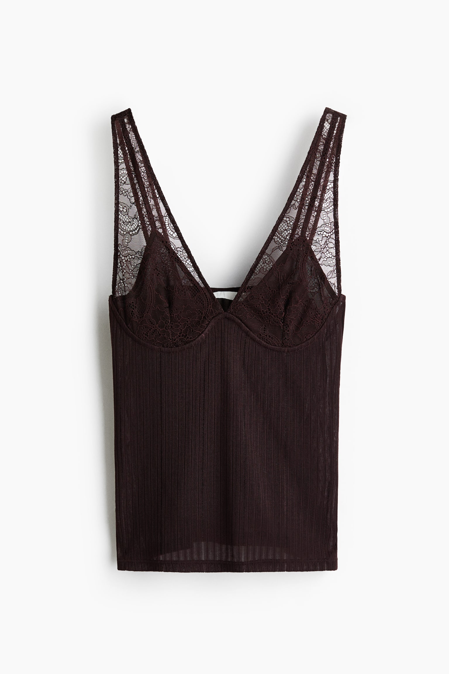 В’язаний топ у рубчик із мереживним оздобленням - Темно-коричневий - 1