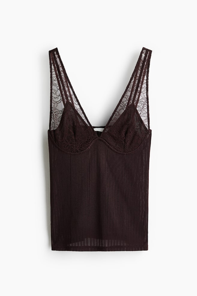 Top in maglia a costine con dettagli in pizzo - Marrone scuro - 1