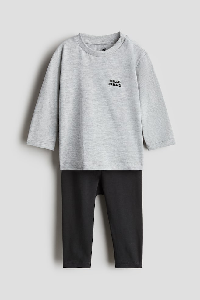 2-piece Top and Leggings Set - Gray melange/Hello Friend - 1