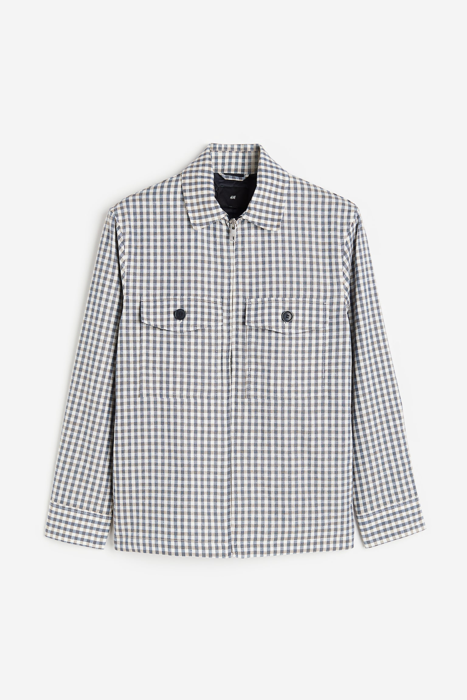 Regular Fit Linen-blend overshirt - Dark blue/Beige checked - 1