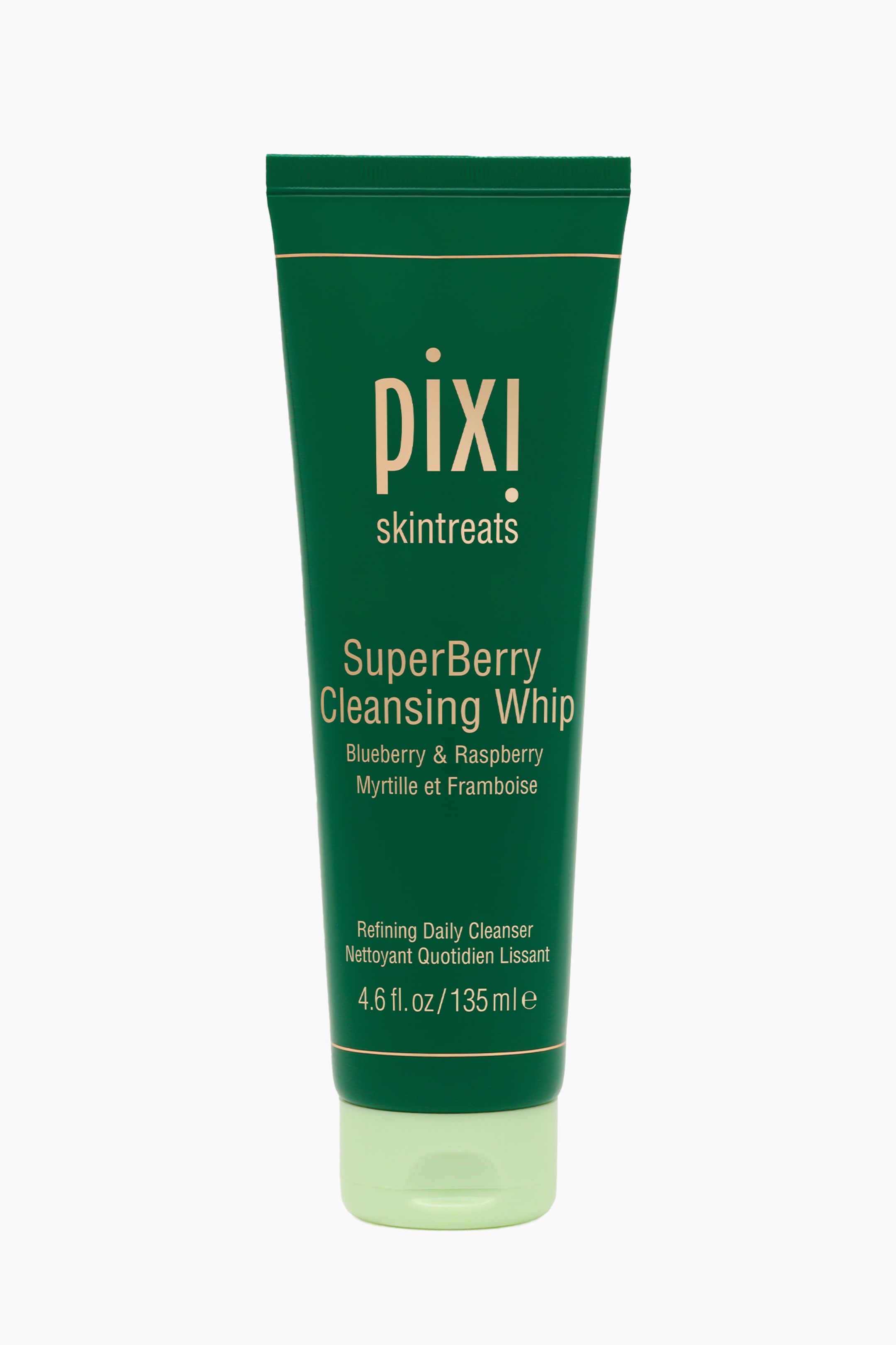 Visa större bild: Ett mörkgrönt rör av Pixi Skintreats SuperBerry Cleansing Whip står upprätt, med blekgul text och ett ljusgrönt flip-top lock.