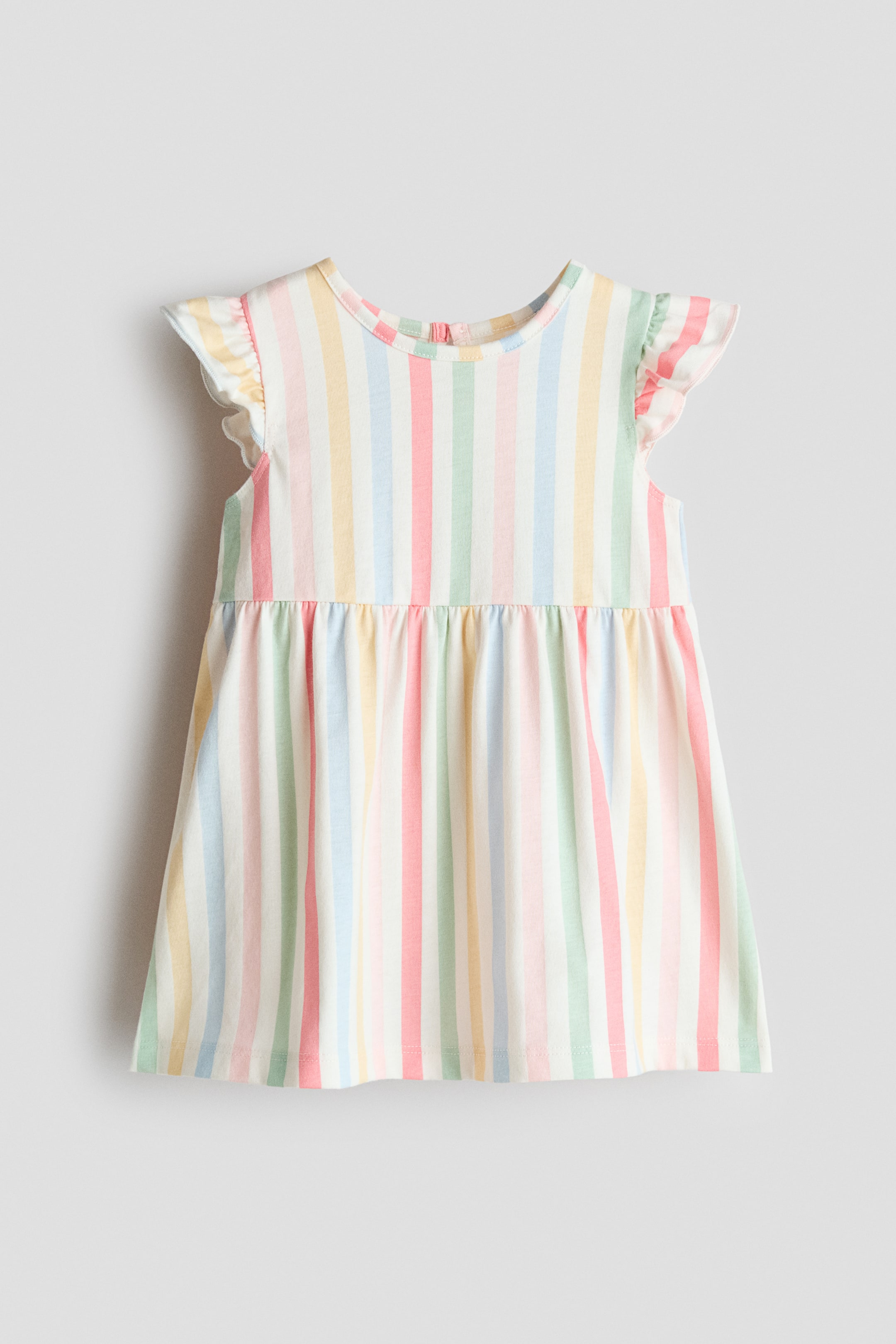 View larger image: The dress is showcased from the front, exhibiting vertical pastel stripes on a cotton jersey fabric. It features a round neckline, flutter sleeves, gathers at the waist, and a flared skirt.