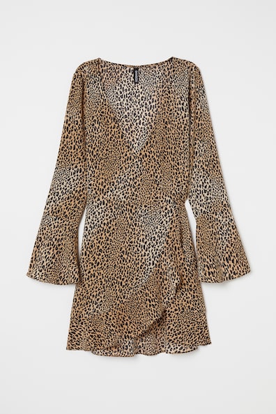 Crêpe wrap dress - V-neck - Long sleeve - Beige/Leopard print - Ladies ...