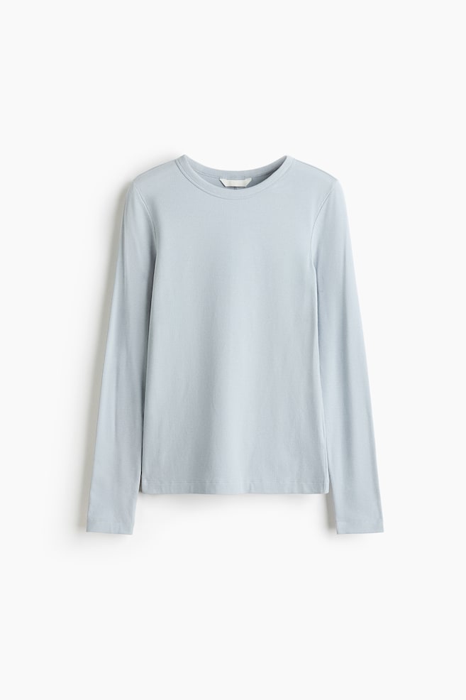 Long-Sleeved Ribbed Top - Light dusty blue/Gray melange/Burgundy/striped/White/Dark dusty pink/Dark khaki green/Dark brown/Cream/striped/Dark dusty purple/Green - 1