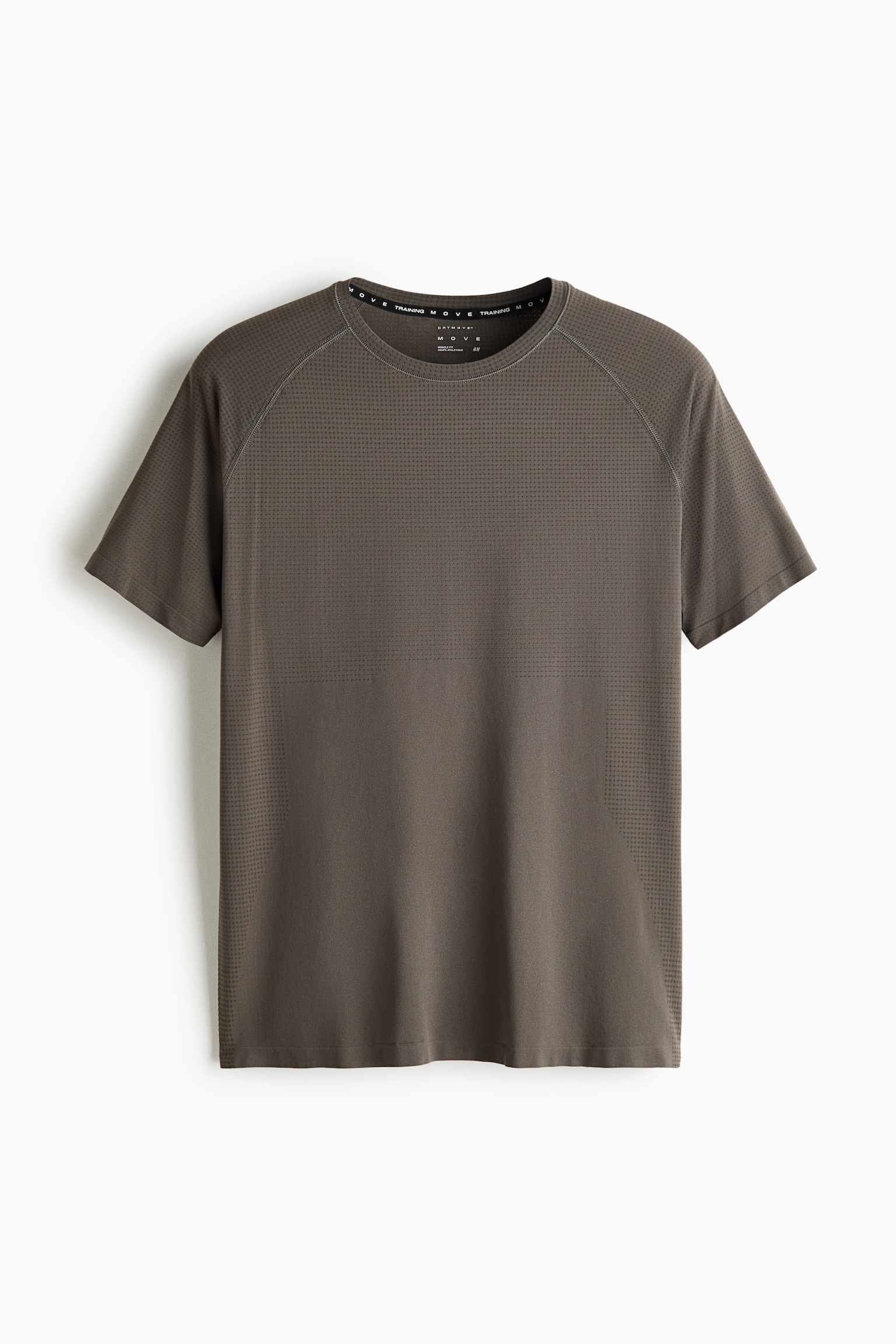 A dark taupe athletic T-shirt is shown from the front, featuring a crew neckline and short raglan sleeves with subtle flatlock seams. The shirt displays a textured, perforated knit pattern on the upper chest and sides, contrasting with a smooth knit panel in the lower middle section.