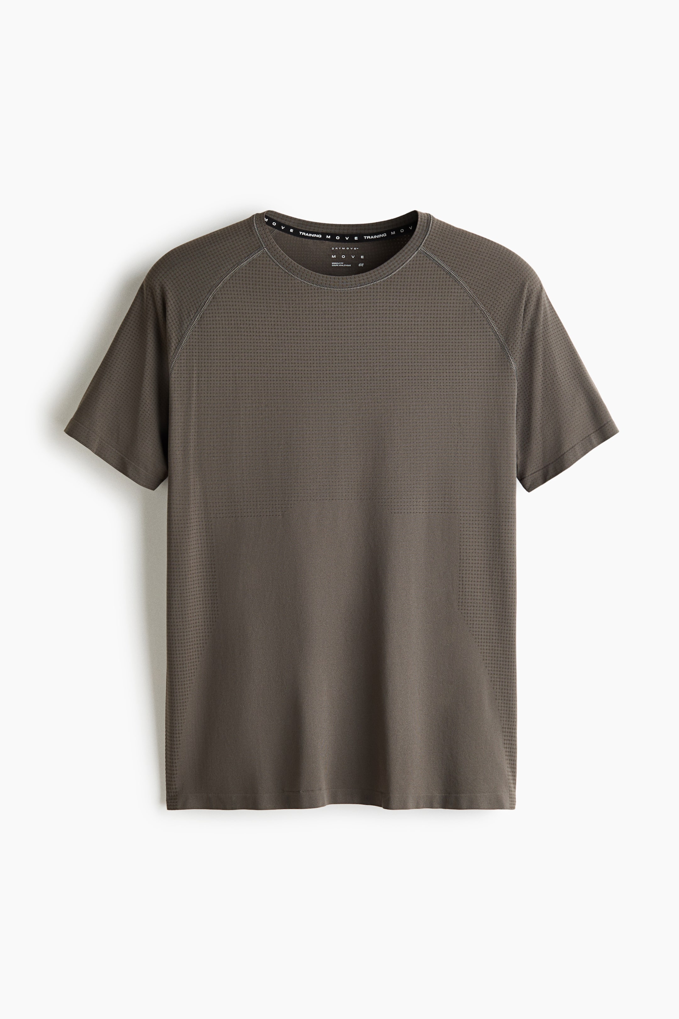 View larger image: A dark taupe athletic T-shirt is shown from the front, featuring a crew neckline and short raglan sleeves with subtle flatlock seams. The shirt displays a textured, perforated knit pattern on the upper chest and sides, contrasting with a smooth knit panel in the lower middle section.