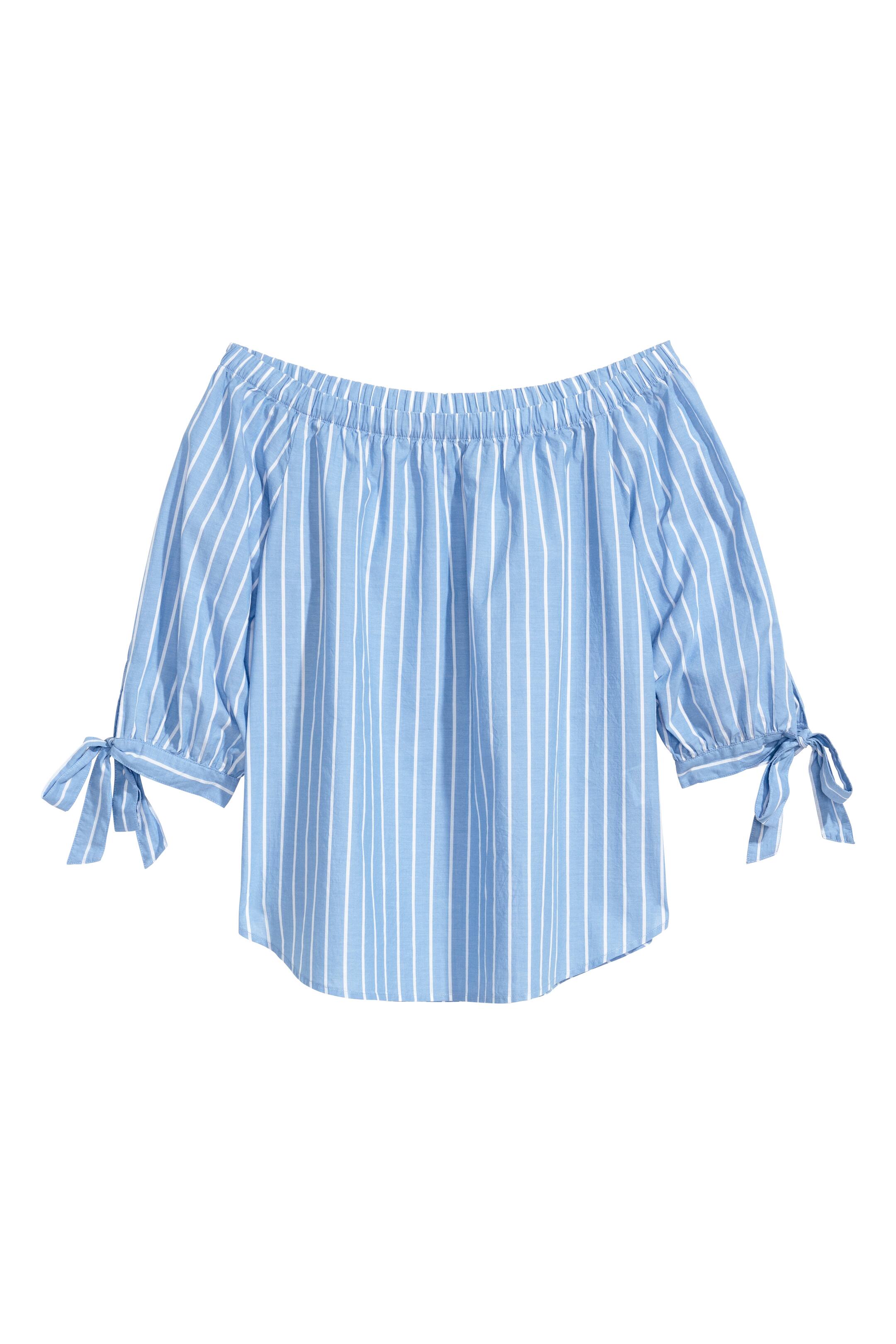 View larger image: Off-the-shoulder cotton blouse - Blue/Striped - Ladies | H&M GB 1
