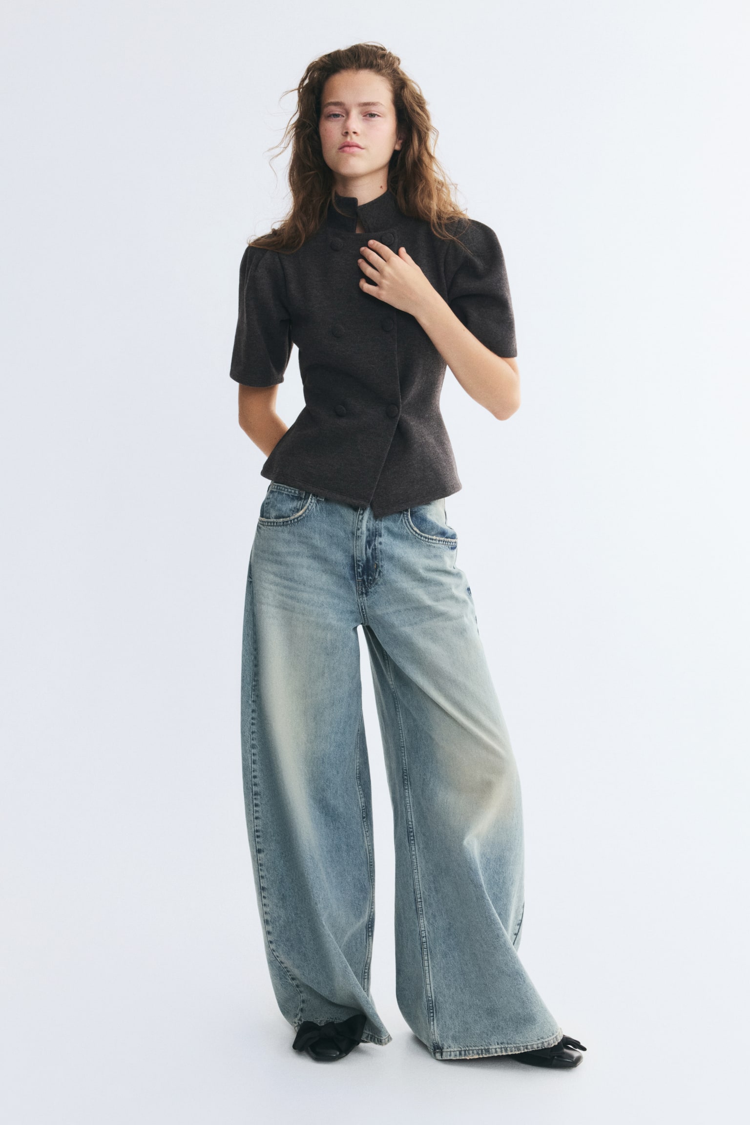 Женский топ H&M Double-Breasted Top with Stand-Up Collar, цвет: Тёмный серый меланжевый — фото 3