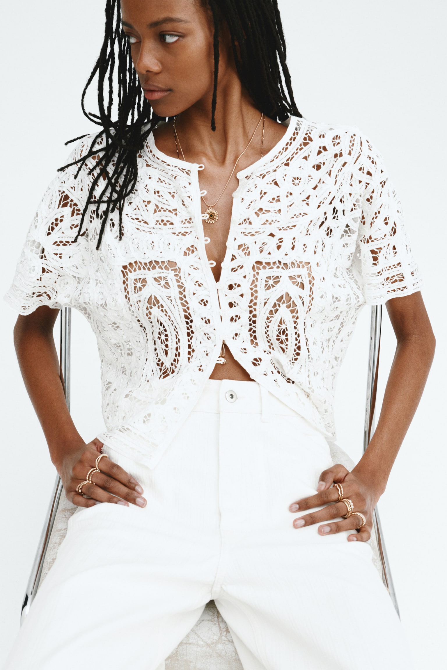 Oversized crochet-look blouse - White - 7