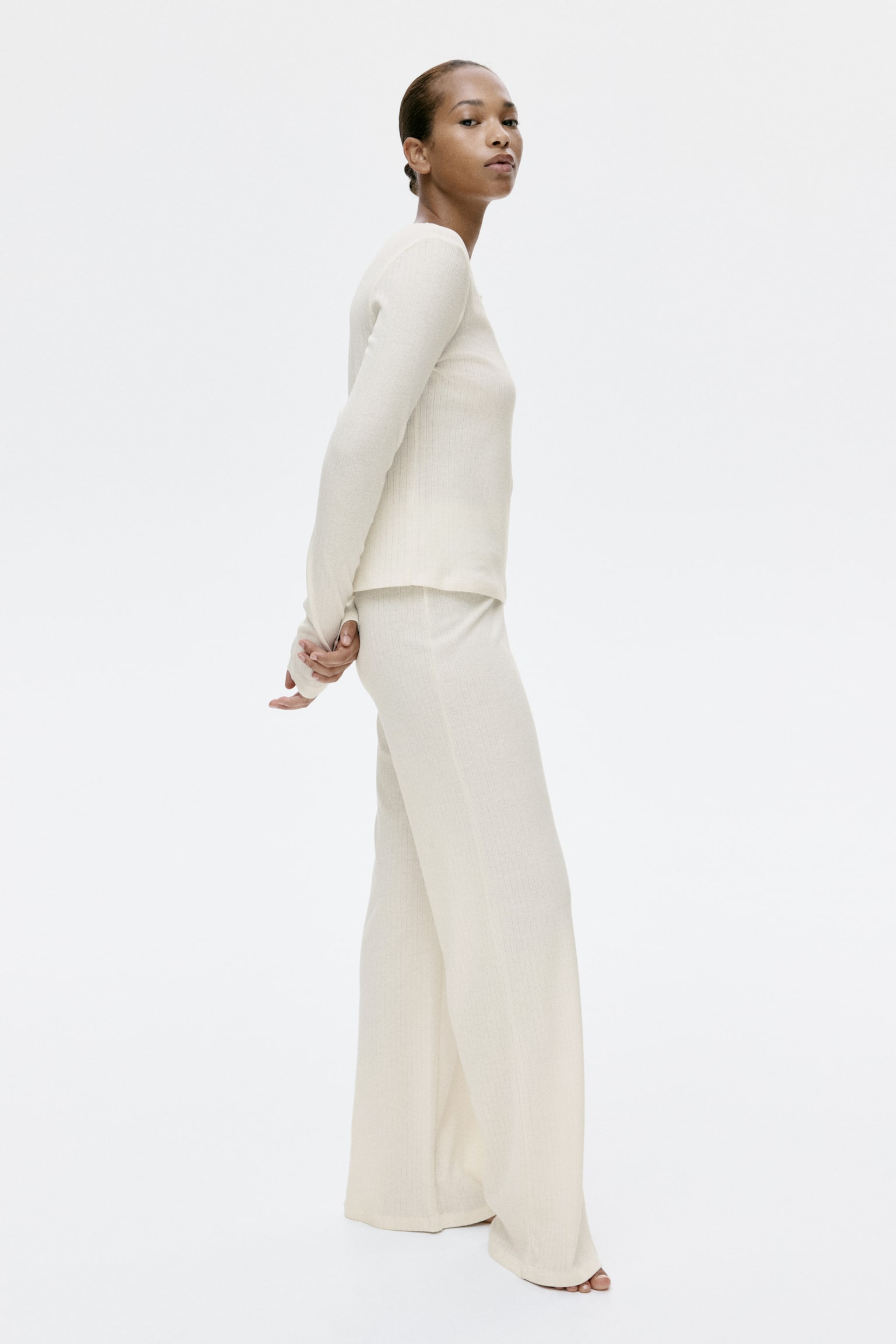 פיג'מת ג'רזי ריב - קרם/חום כהה - 7