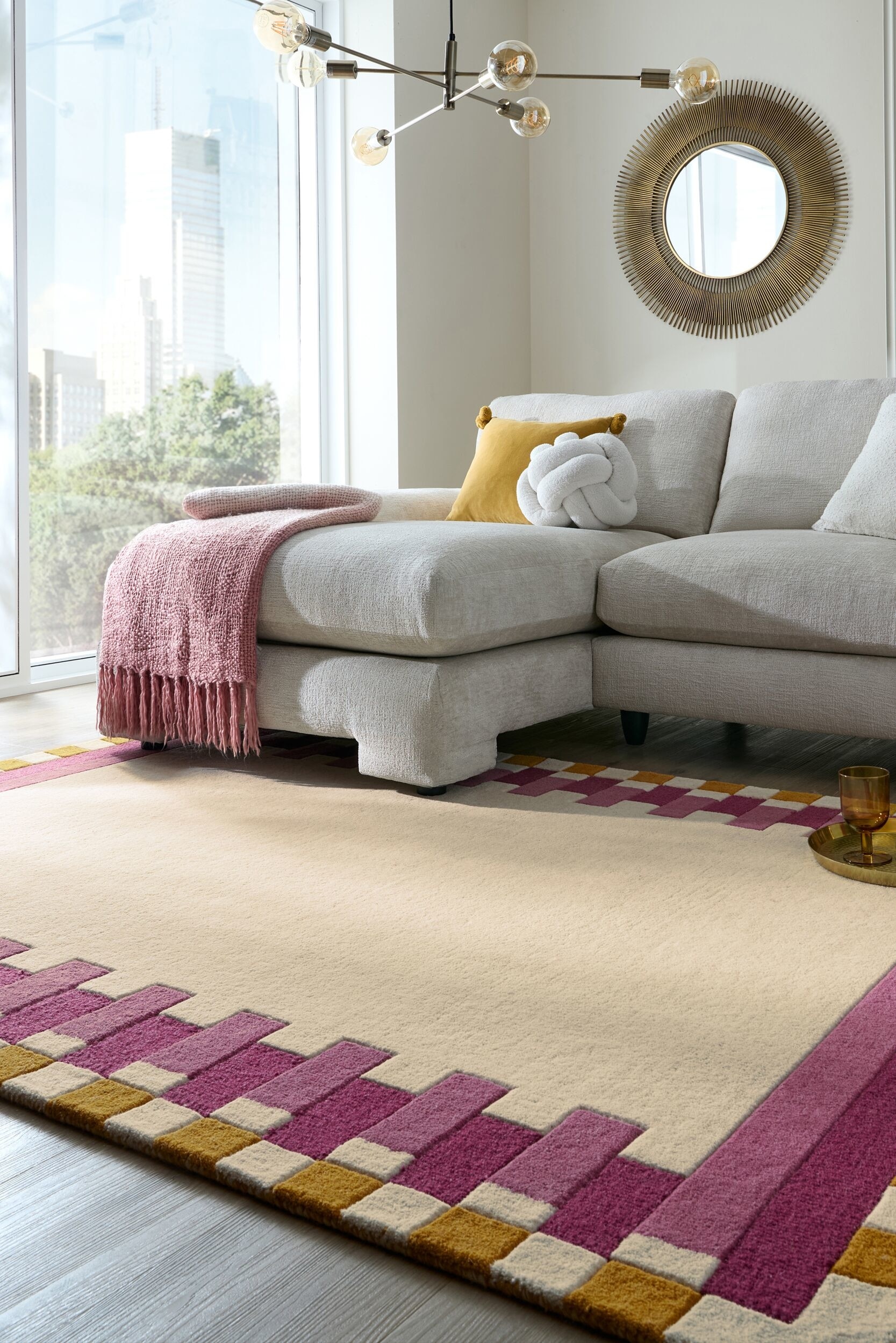 Kai Wool Border Rug - Pink/yellow