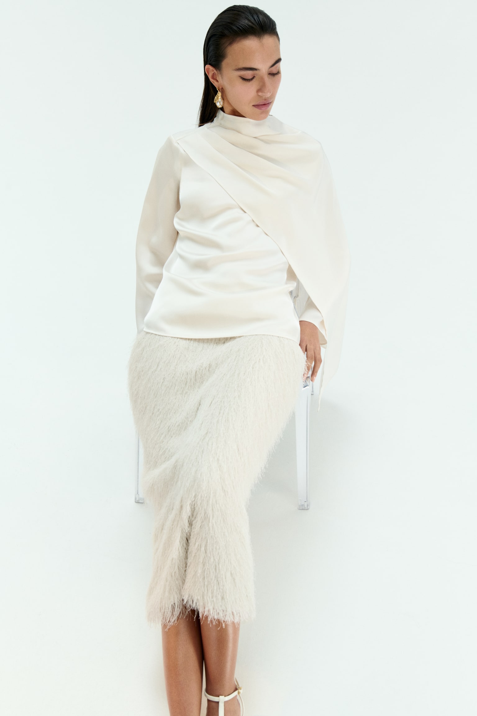 Fringed pencil skirt - Cream - 1