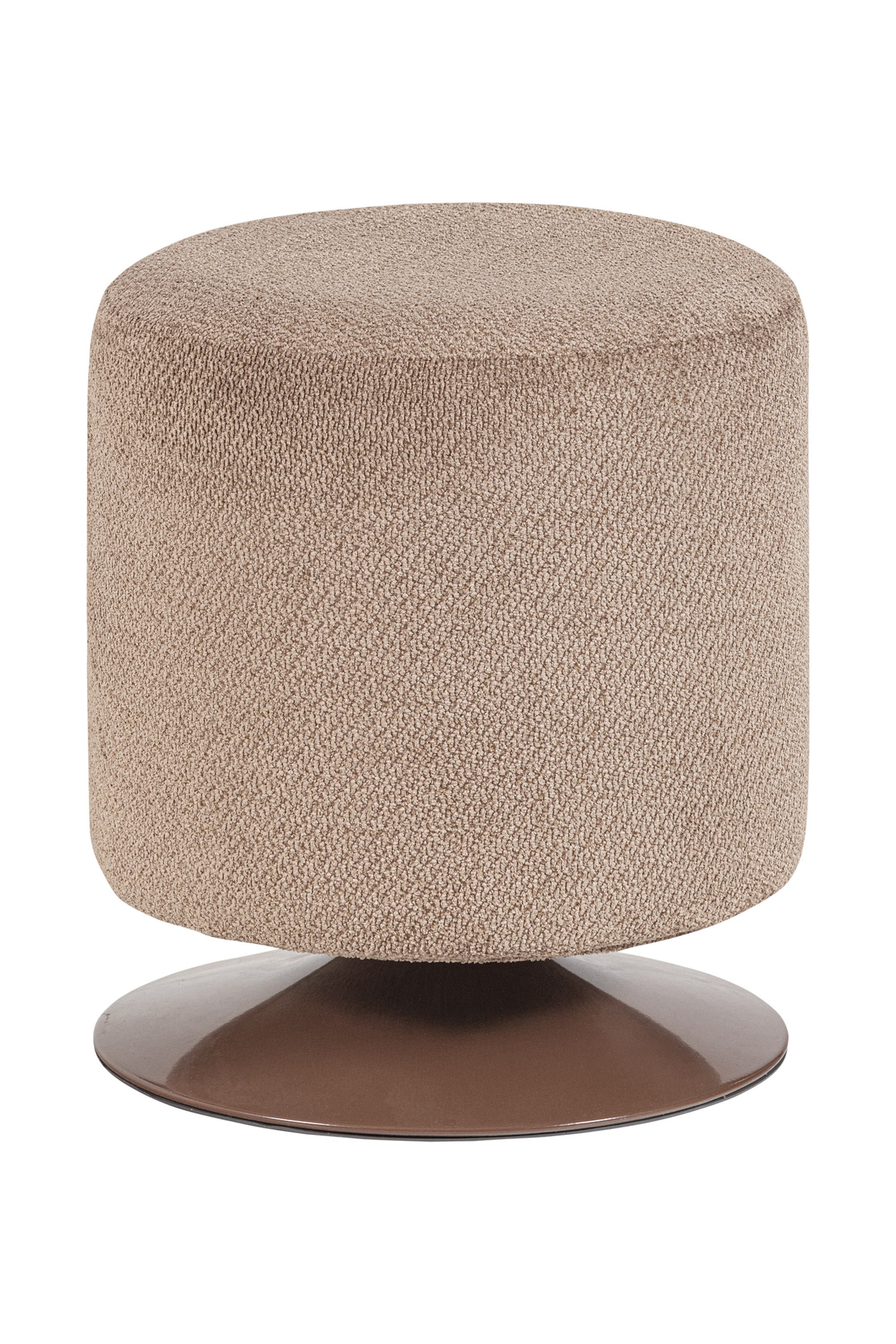 Zobacz większy obraz: Jasnobrązowy cylindryczny puf jest tapicerowany w teksturowanej tkaninie, spoczywając na ciemnobrązowej okrągłej podstawie.