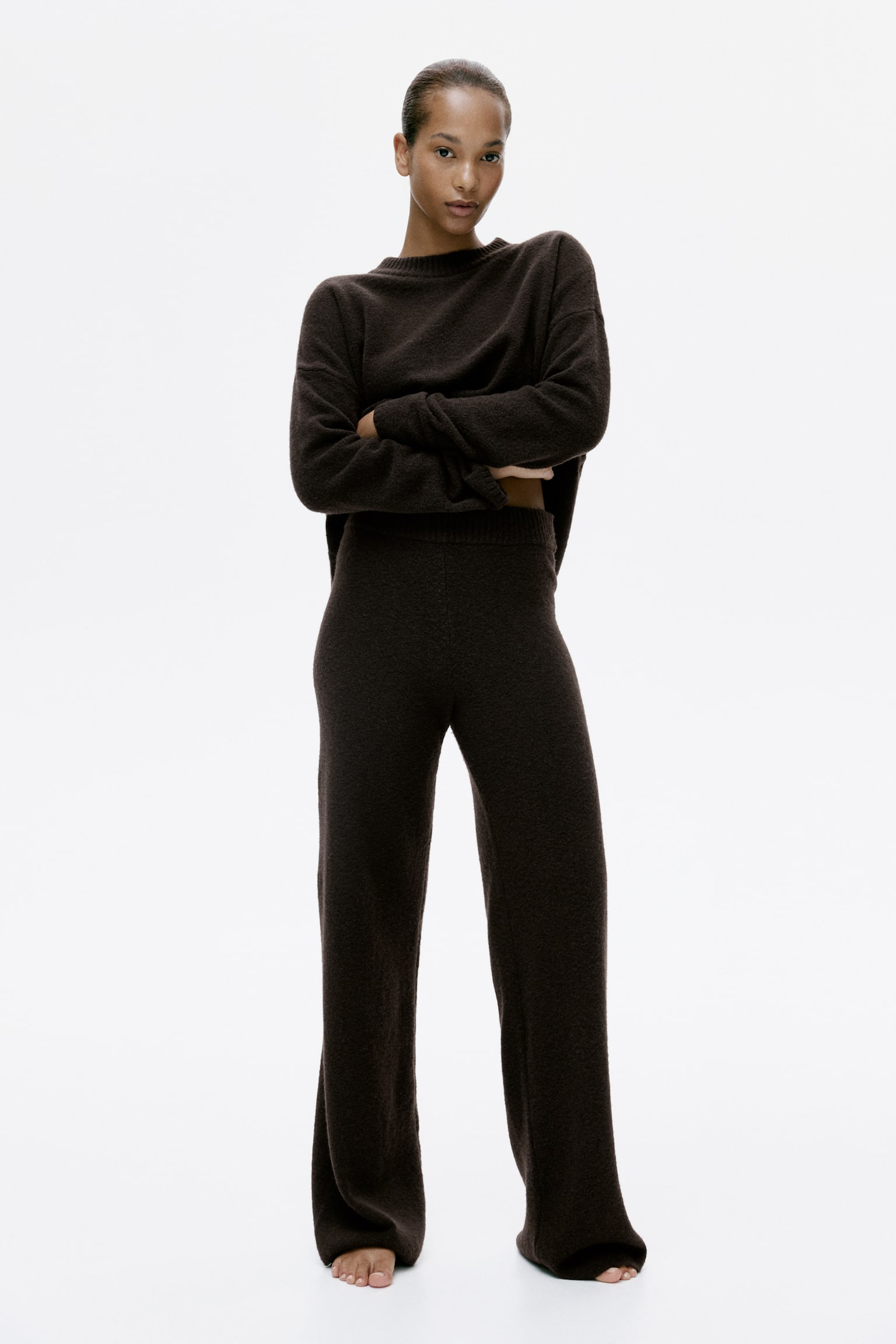 Pantalon en maille fine - Marron foncé/Beige chiné/Beige clair/Bleu marine/Gris clair chiné/Gris foncé chiné/Gris chiné/Rose poudré/Bordeaux/Beige foncé/Gris clair chiné - 2