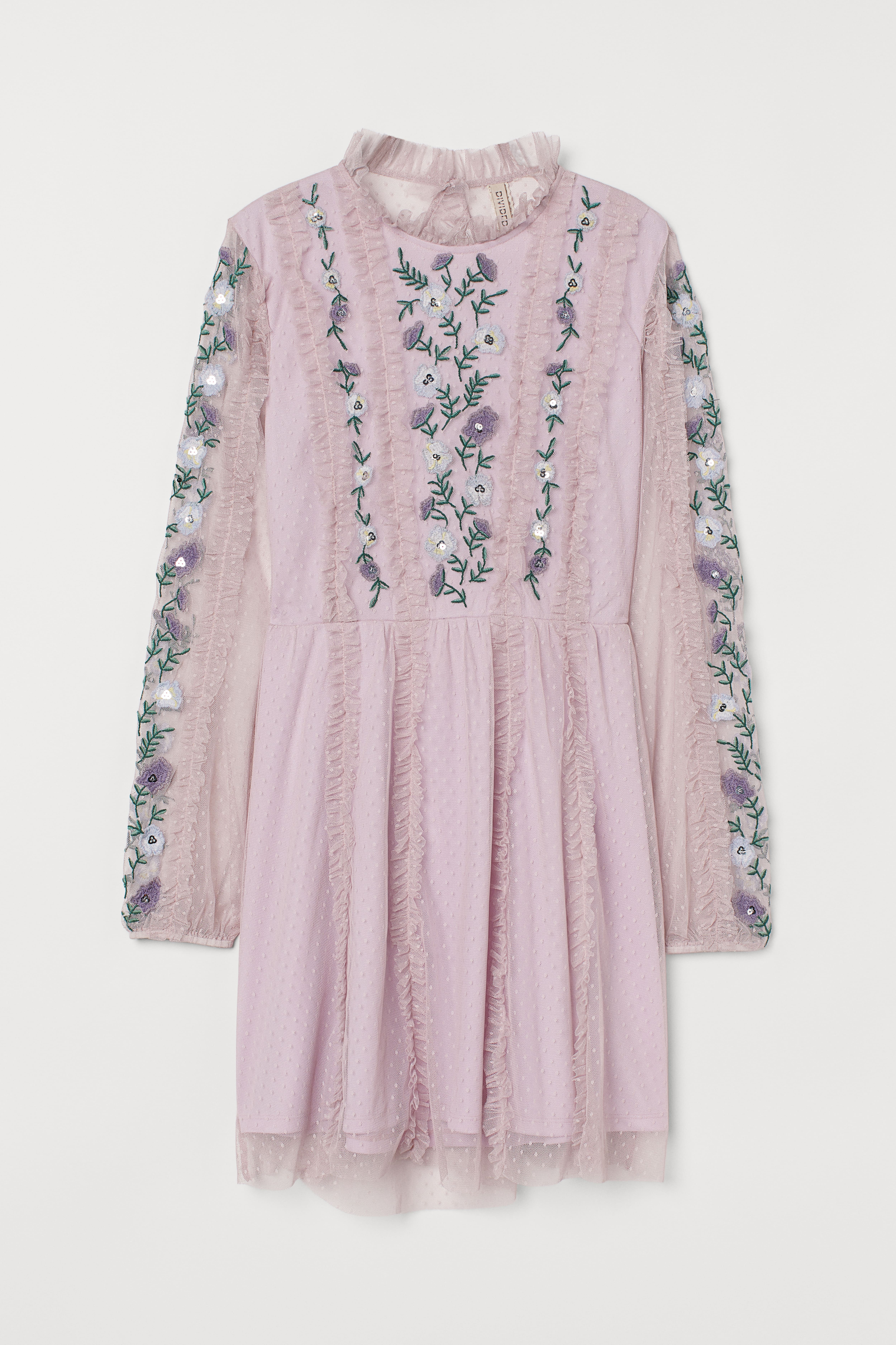 Embroidered Mesh Dress - Long sleeve - Short - Light purple - Ladies | H&M  US