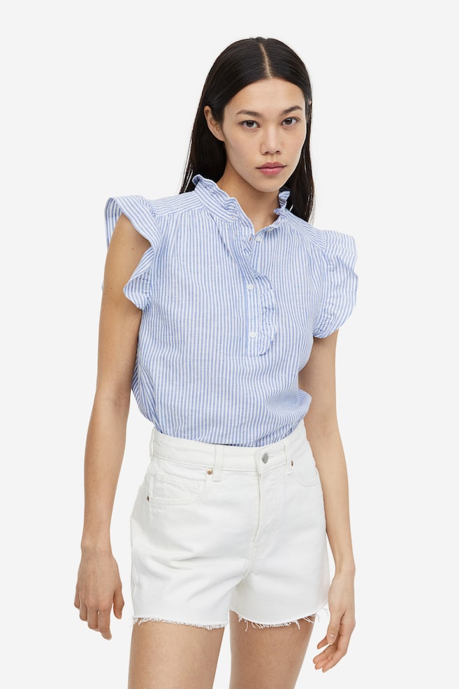 Frill-trimmed linen-blend blouse - Blue/Striped/White/Light yellow/Red - 1
