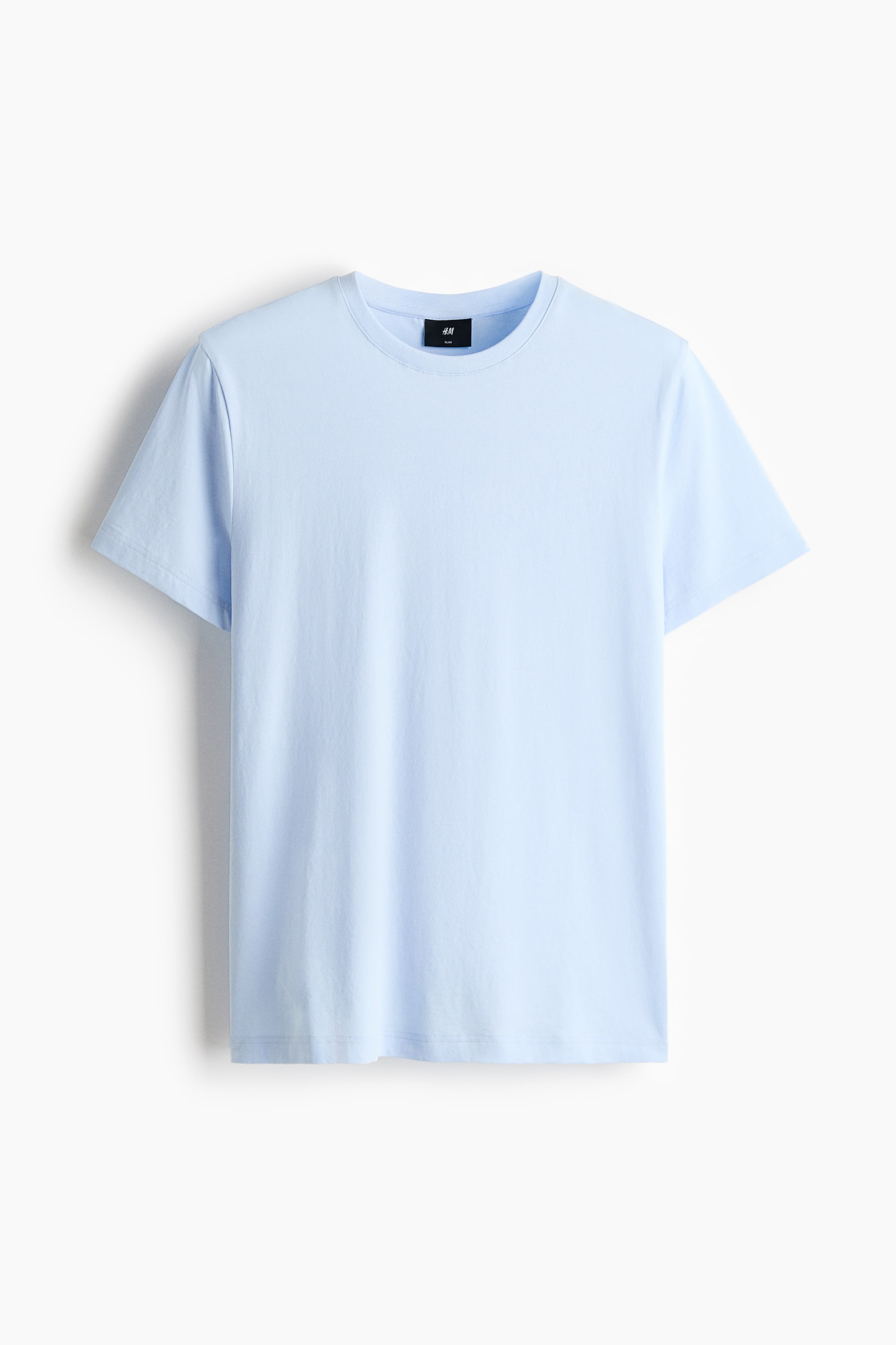 View larger image: A light blue t-shirt is showcased from the front, featuring a round, ribbed neckline, short sleeves, and a straight-cut hem. It displays a slim fit, with a black H&M label visible on the inner neckline.