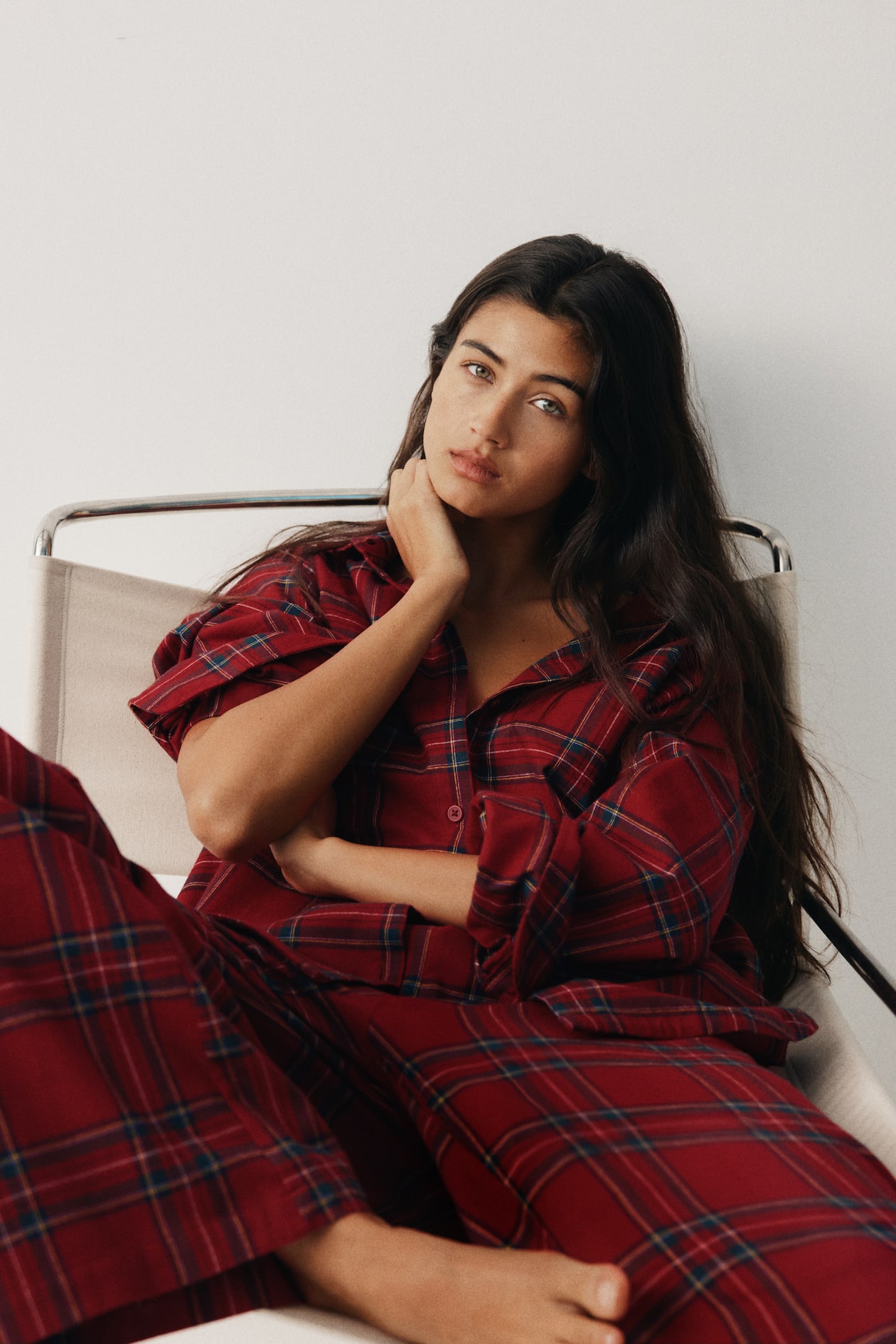 Cotton flannel pyjamas - Rouge foncé/carreaux - FEMME | H&M FR